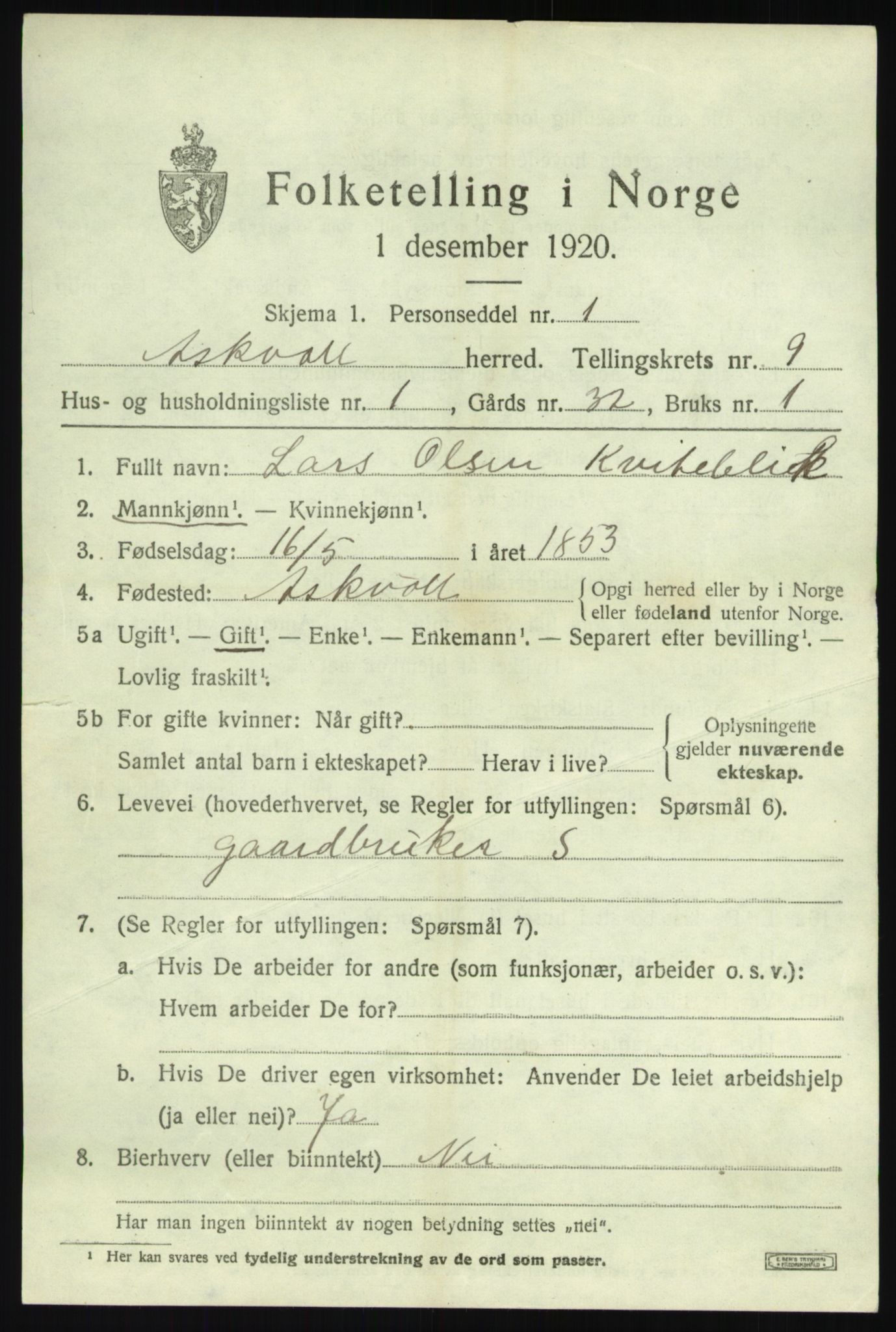 SAB, 1920 census for Askvoll, 1920, p. 3870