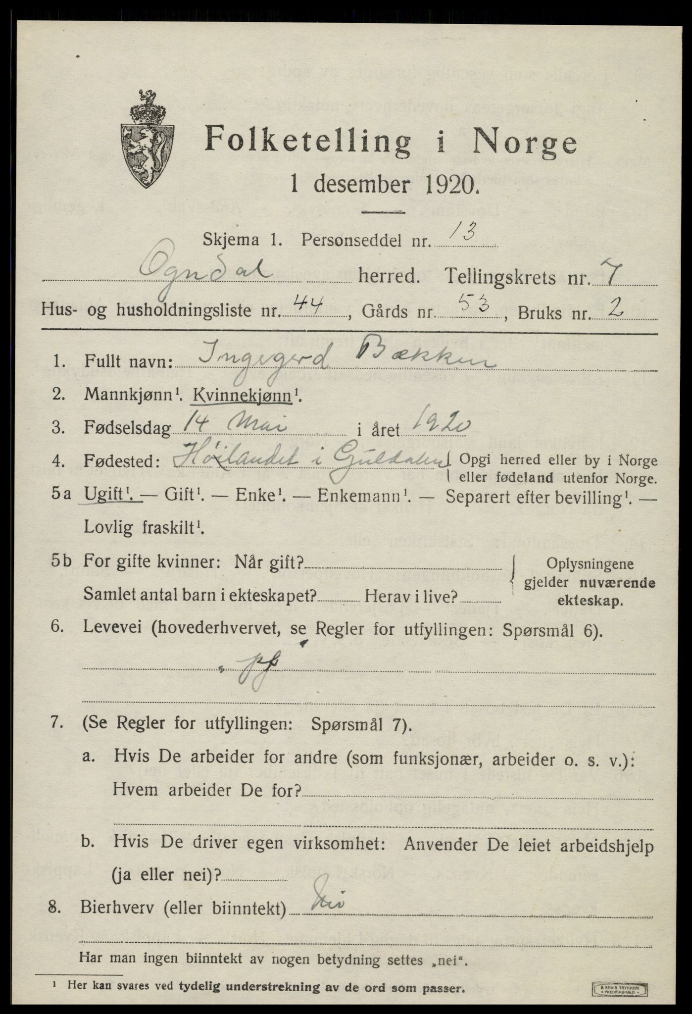 SAT, 1920 census for Ogndal, 1920, p. 3275