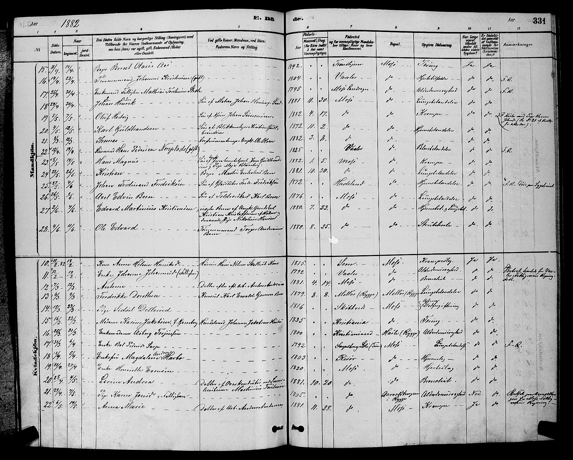 Moss prestekontor Kirkebøker, AV/SAO-A-2003/G/Ga/L0005: Parish register (copy) no. I 5, 1878-1888, p. 331