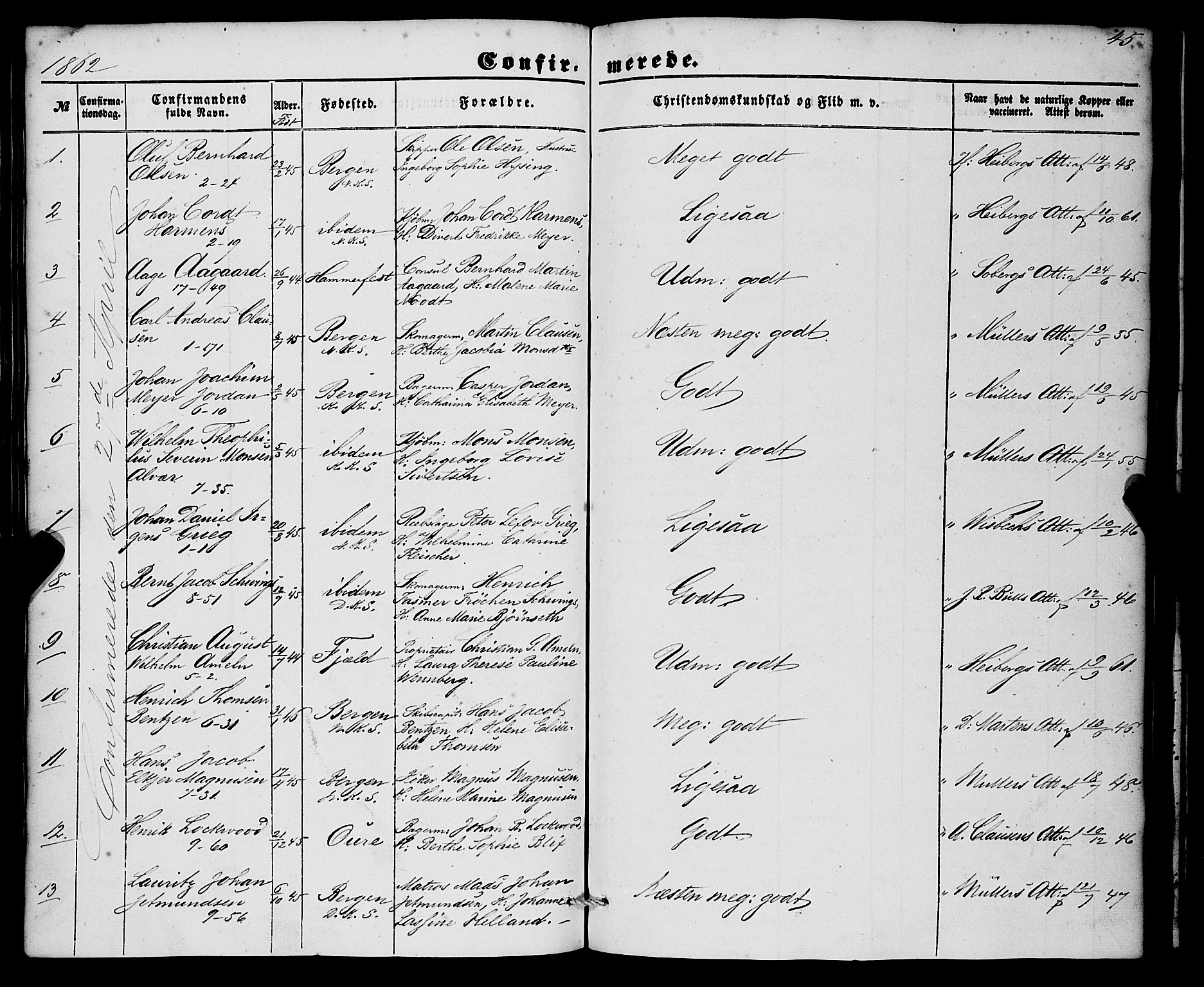 Nykirken Sokneprestembete, SAB/A-77101/H/Haa/L0023: Parish register (official) no. C 2, 1851-1863, p. 45