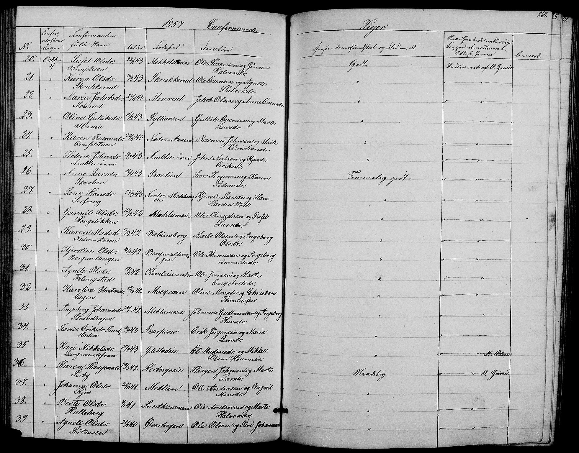 Ringsaker prestekontor, AV/SAH-PREST-014/L/La/L0006: Parish register (copy) no. 6, 1851-1860, p. 264