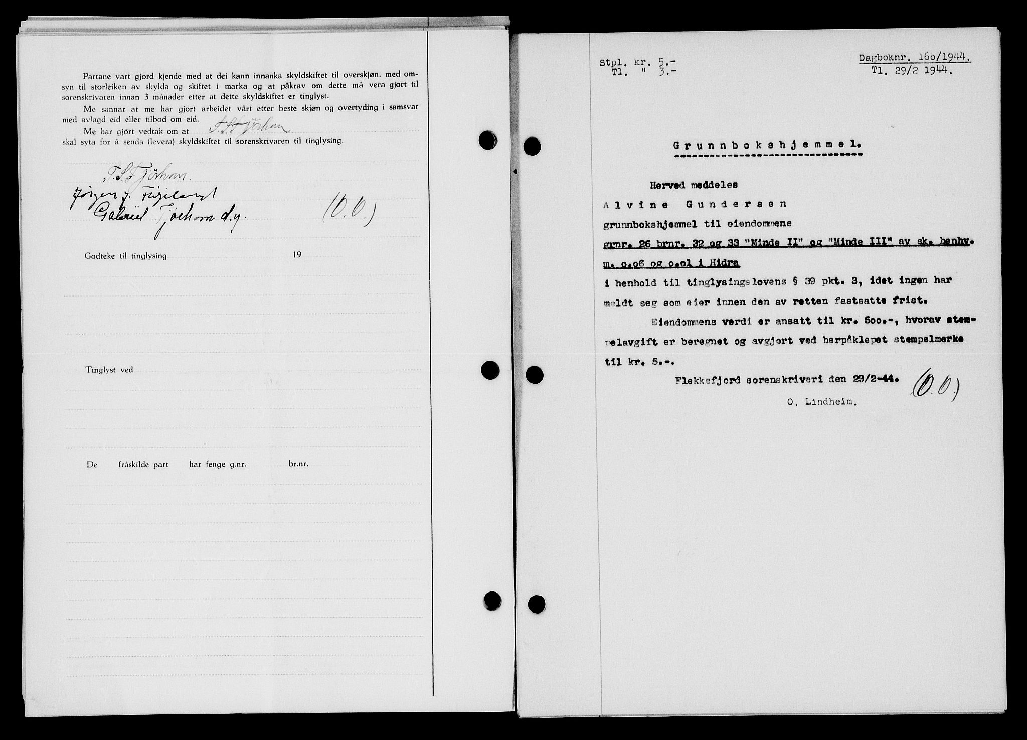 Flekkefjord sorenskriveri, SAK/1221-0001/G/Gb/Gba/L0059: Mortgage book no. A-7, 1944-1945, Diary no: : 160/1944