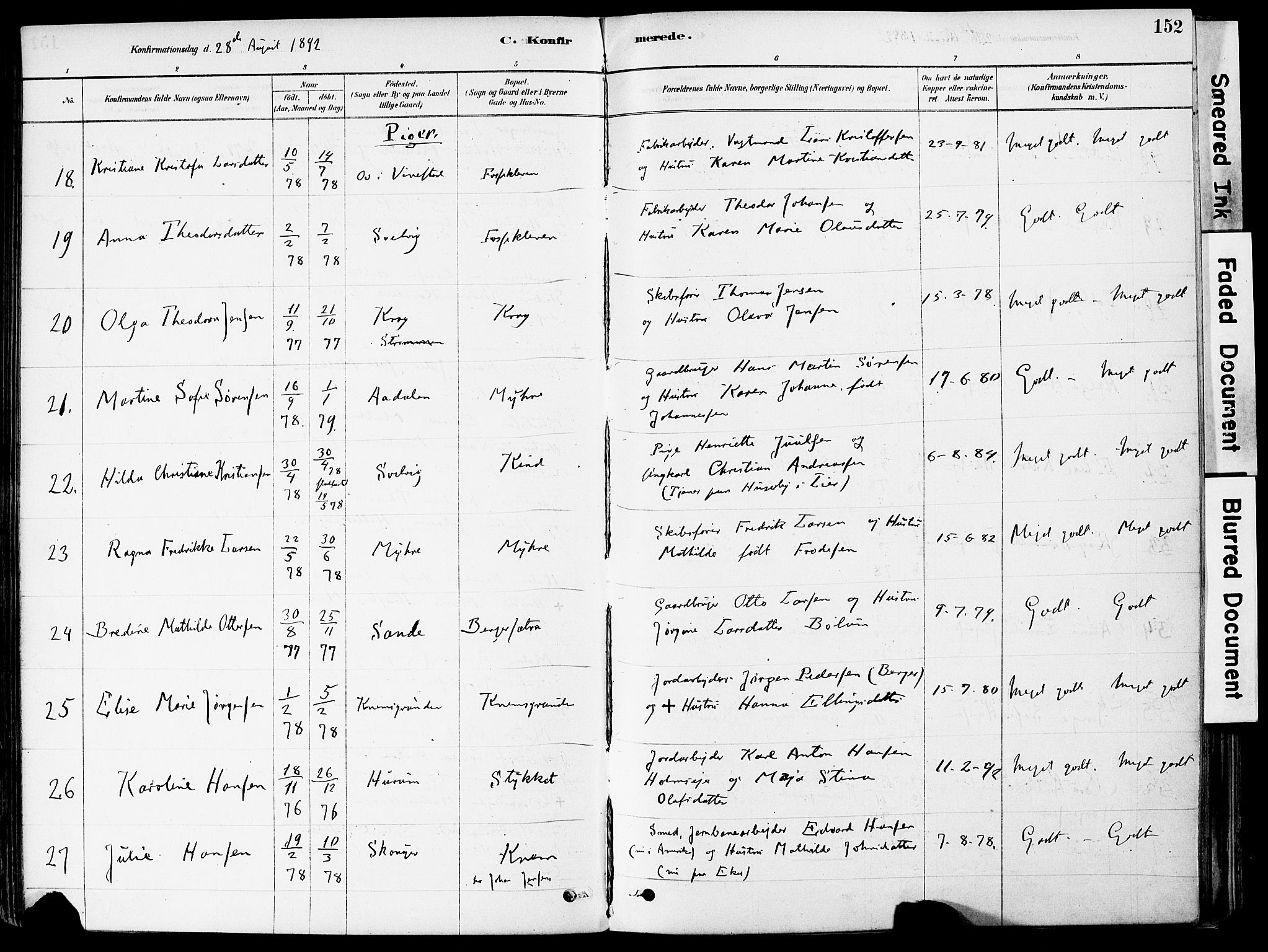 Strømm kirkebøker, AV/SAKO-A-322/F/Fa/L0004: Parish register (official) no. I 4, 1878-1899, p. 152