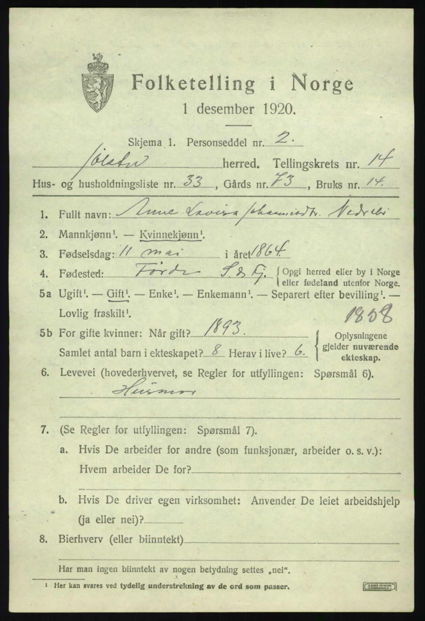 SAB, 1920 census for Jølster, 1920, p. 6858