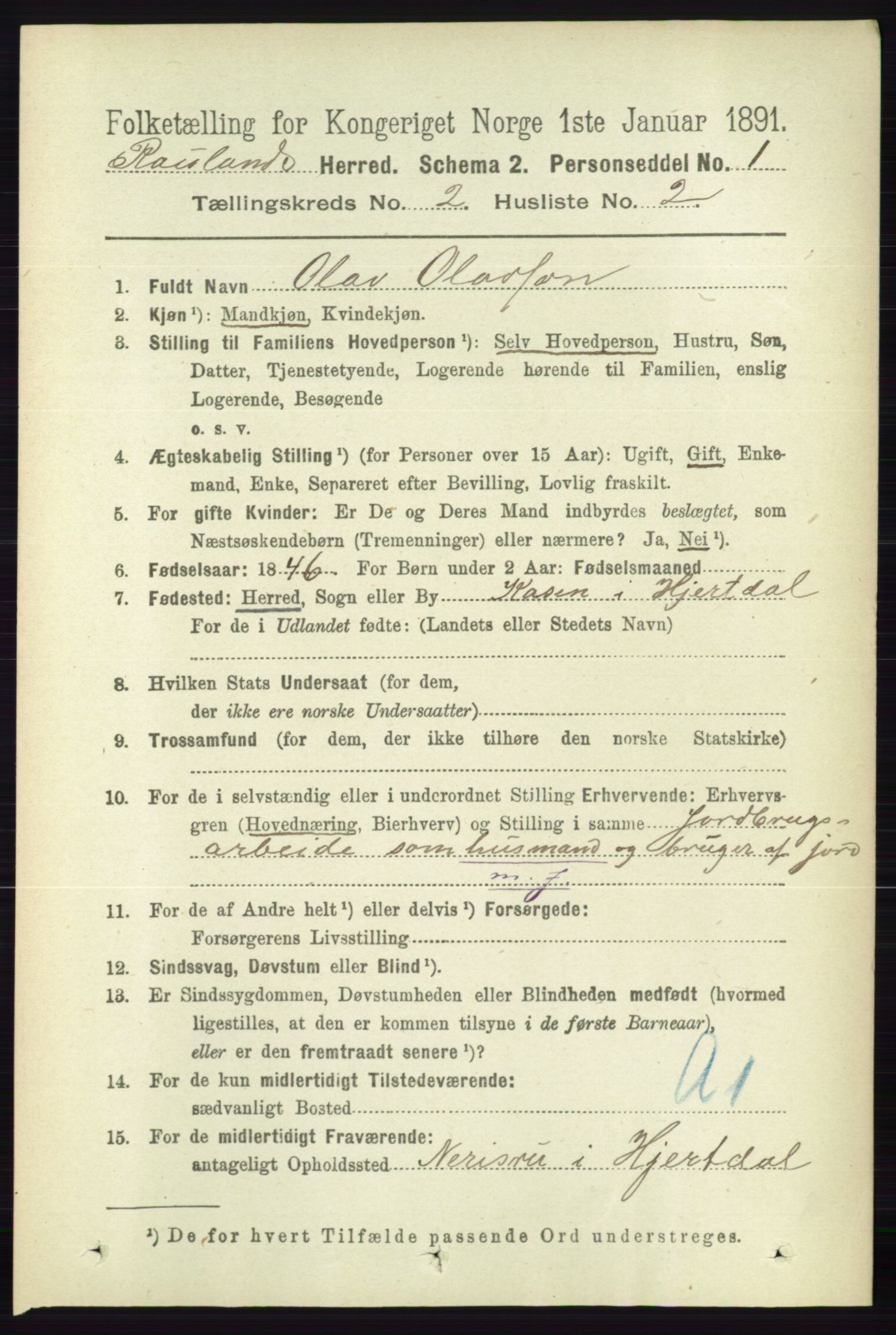 RA, 1891 census for 0835 Rauland, 1891, p. 261