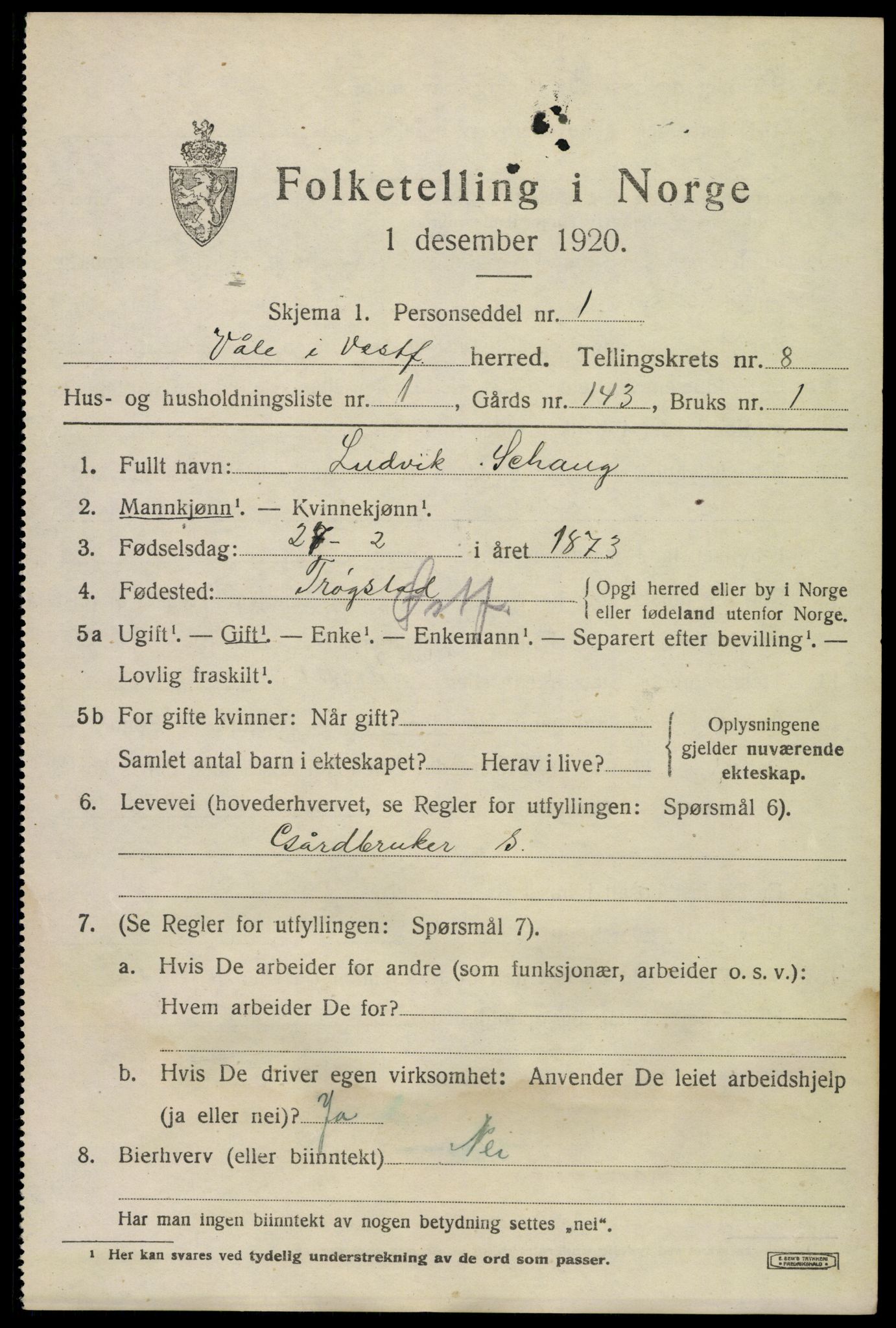 SAKO, 1920 census for Våle, 1920, p. 6160