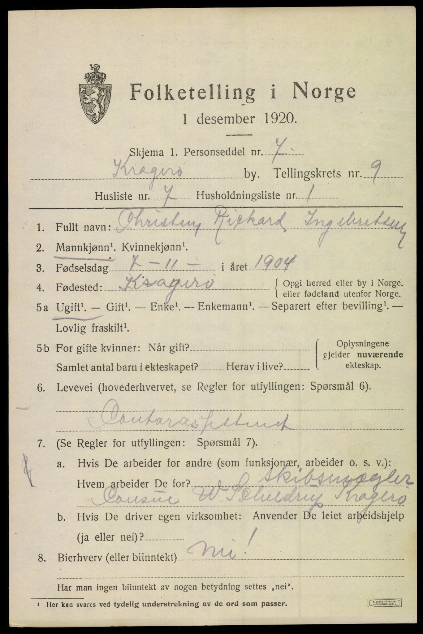SAKO, 1920 census for Kragerø, 1920, p. 12027
