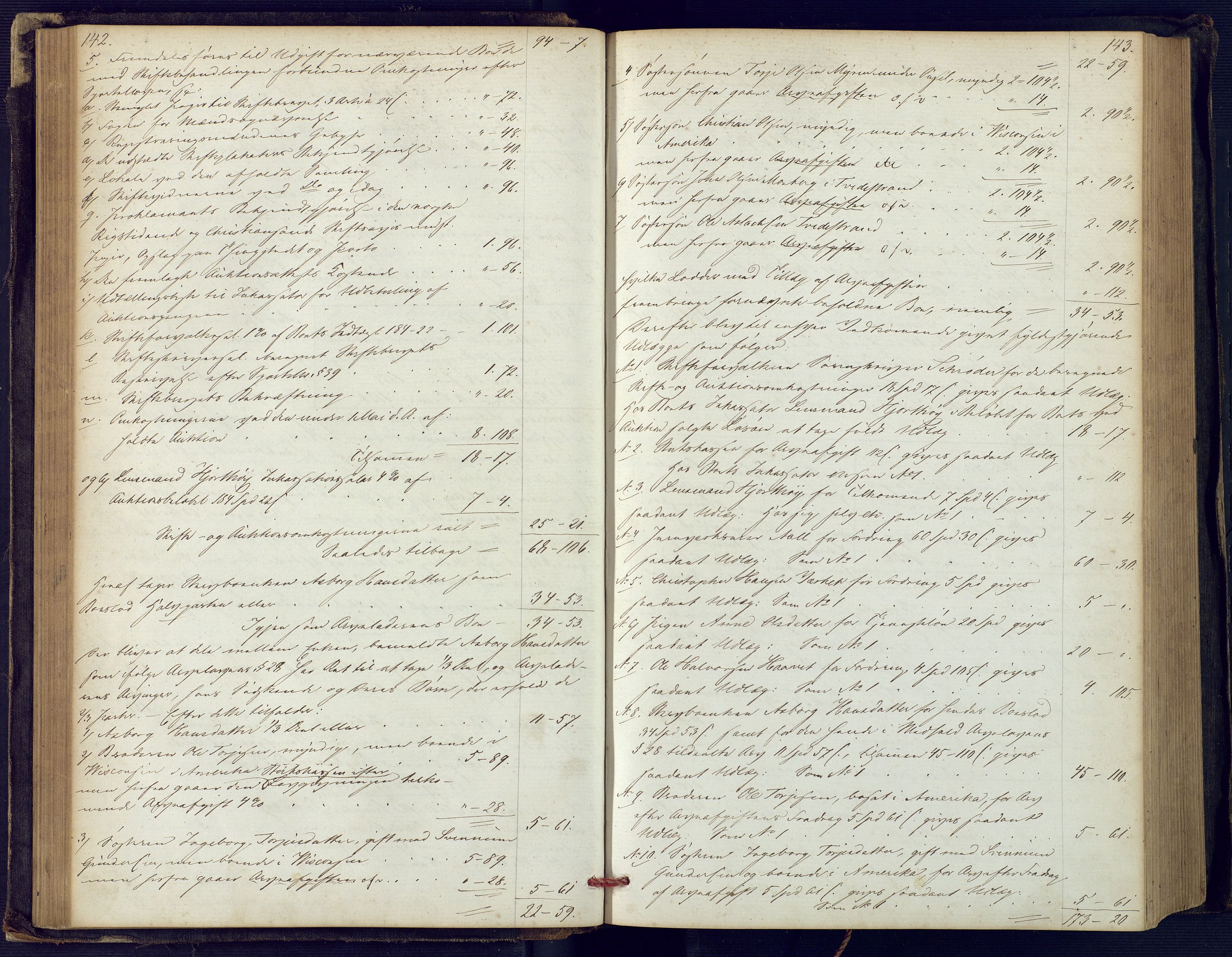 Holt sorenskriveri, SAK/1221-0002/H/Hc/L0029: Skifteutlodningsprotokoll nr. 4 med løst register, 1857-1862, p. 142-143