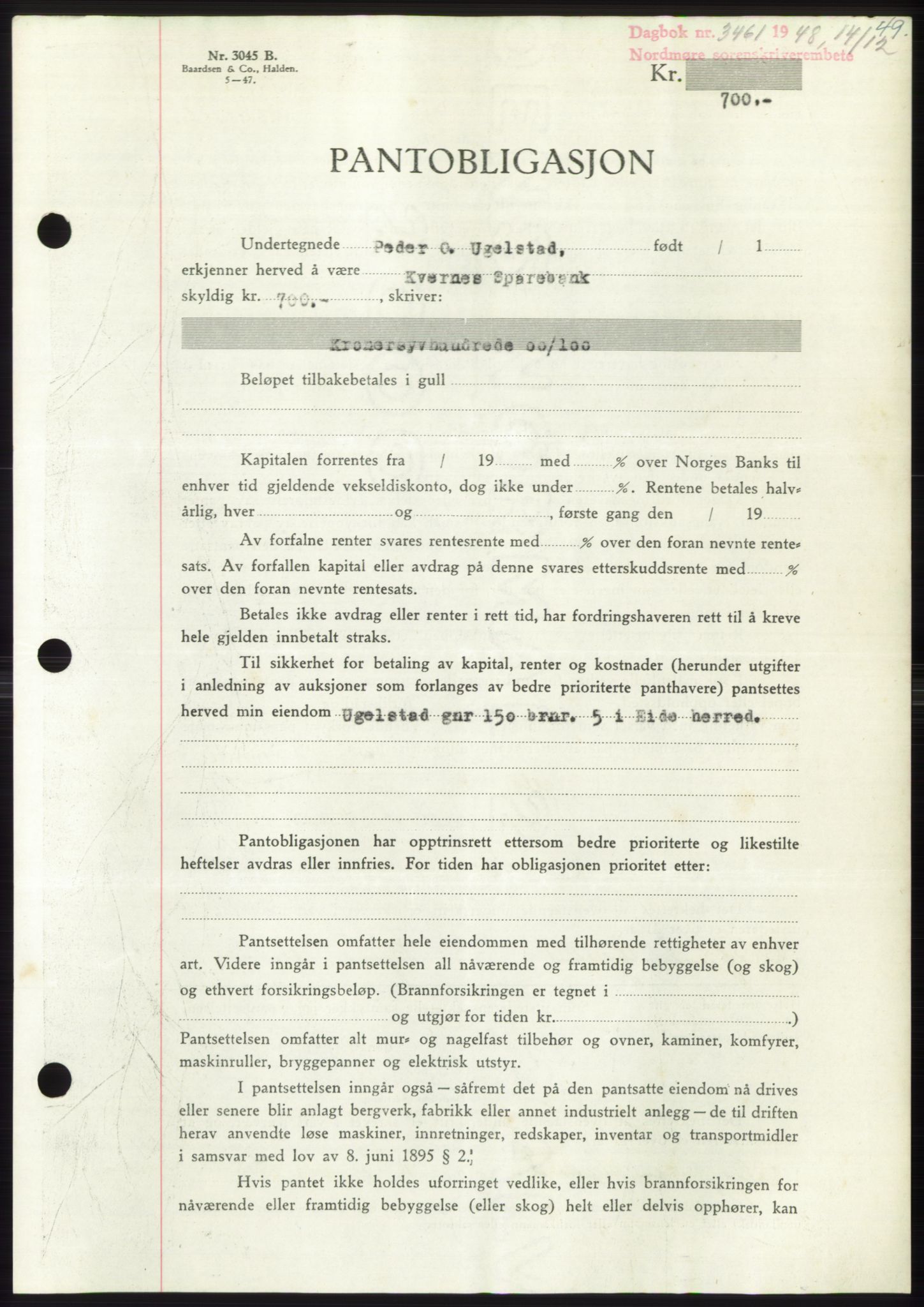 Nordmøre sorenskriveri, AV/SAT-A-4132/1/2/2Ca: Mortgage book no. B100, 1948-1949, Diary no: : 3461/1948