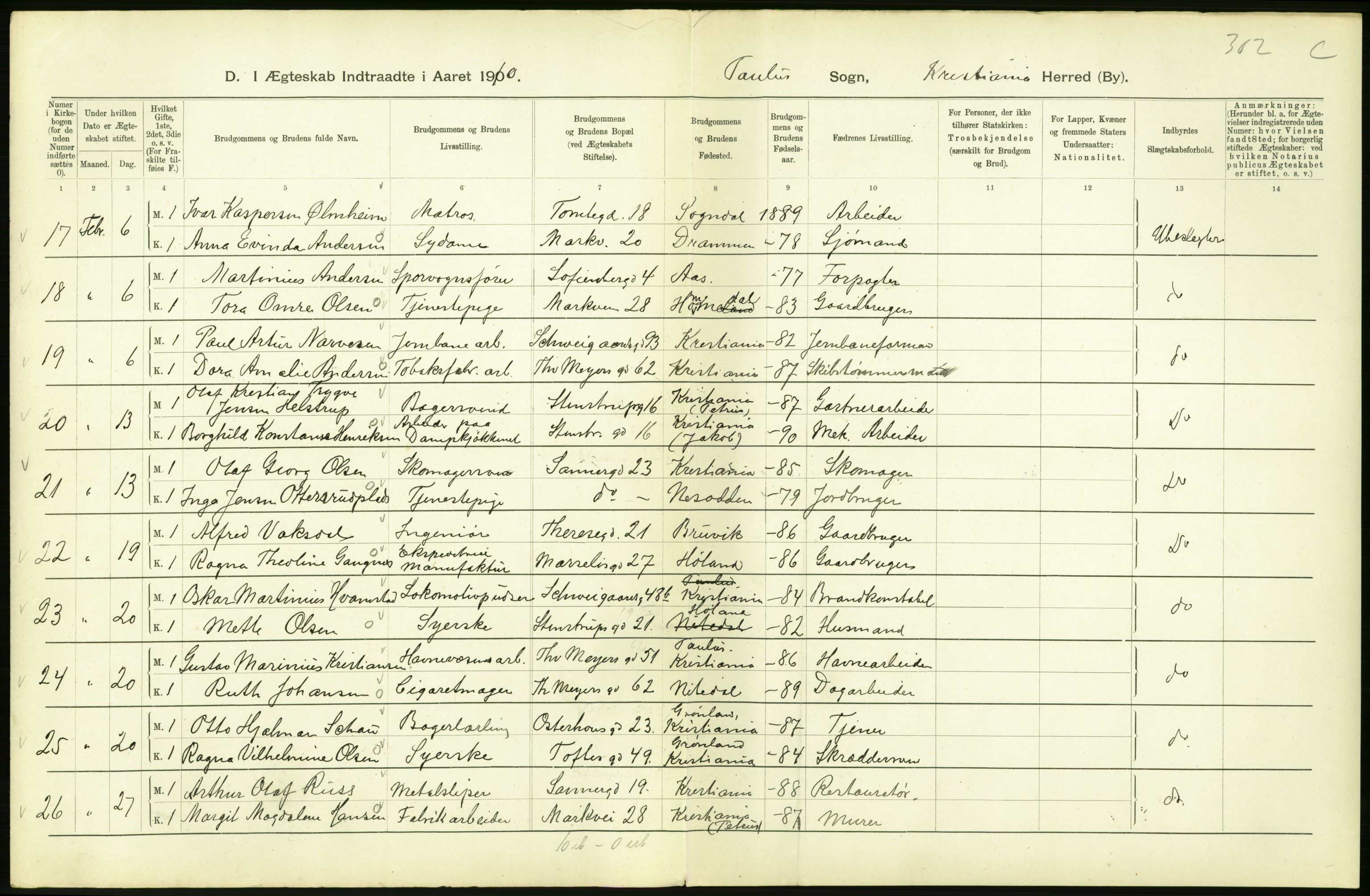 Statistisk sentralbyrå, Sosiodemografiske emner, Befolkning, AV/RA-S-2228/D/Df/Dfa/Dfah/L0009: Kristiania: Gifte og dødfødte., 1910, p. 62