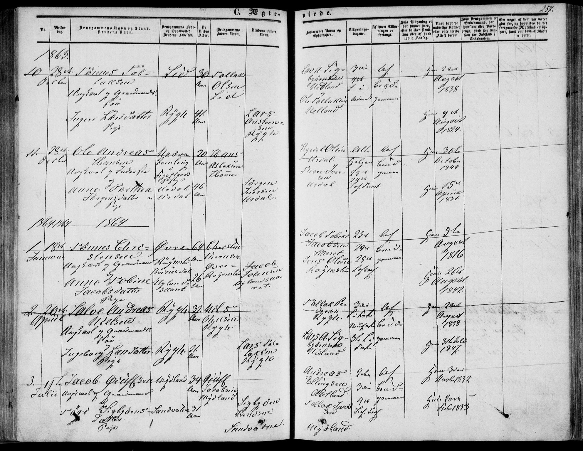 Bakke sokneprestkontor, SAK/1111-0002/F/Fa/Fab/L0002: Parish register (official) no. A 2, 1855-1884, p. 257
