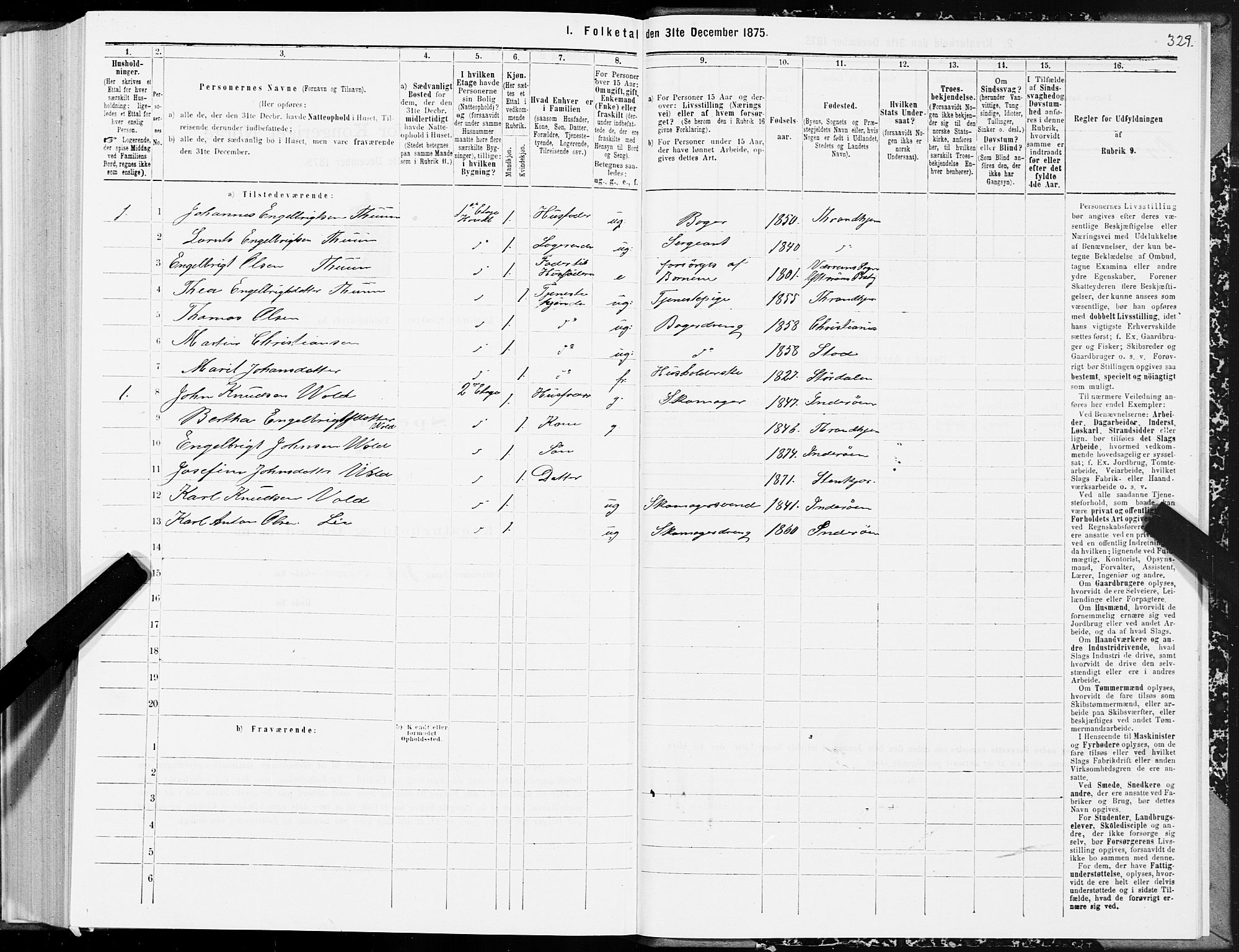 SAT, 1875 census for 1702B Steinkjer/Steinkjer, 1875, p. 329