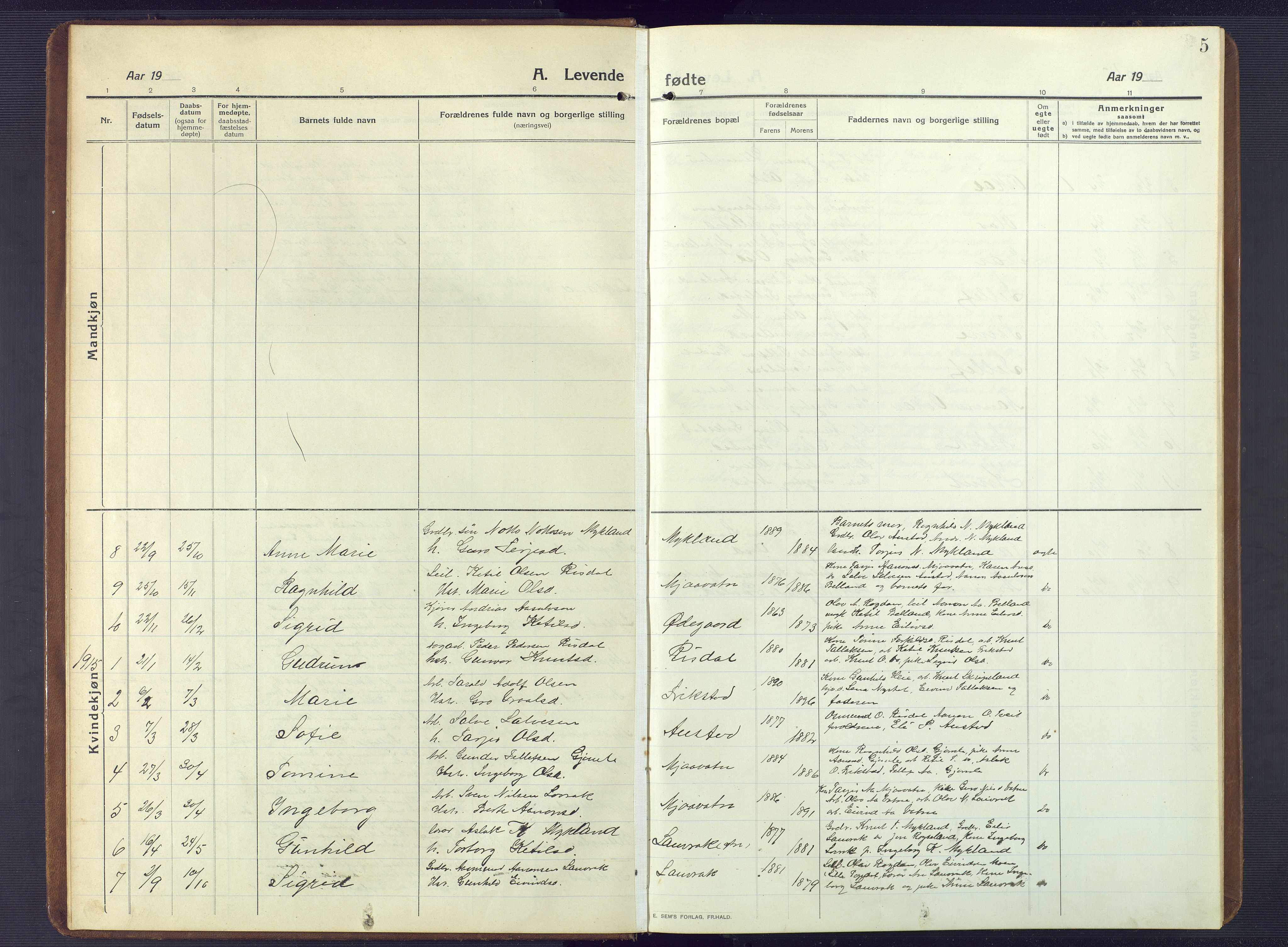 Herefoss sokneprestkontor, AV/SAK-1111-0019/F/Fb/Fbc/L0004: Parish register (copy) no. B 4, 1914-1946, p. 5