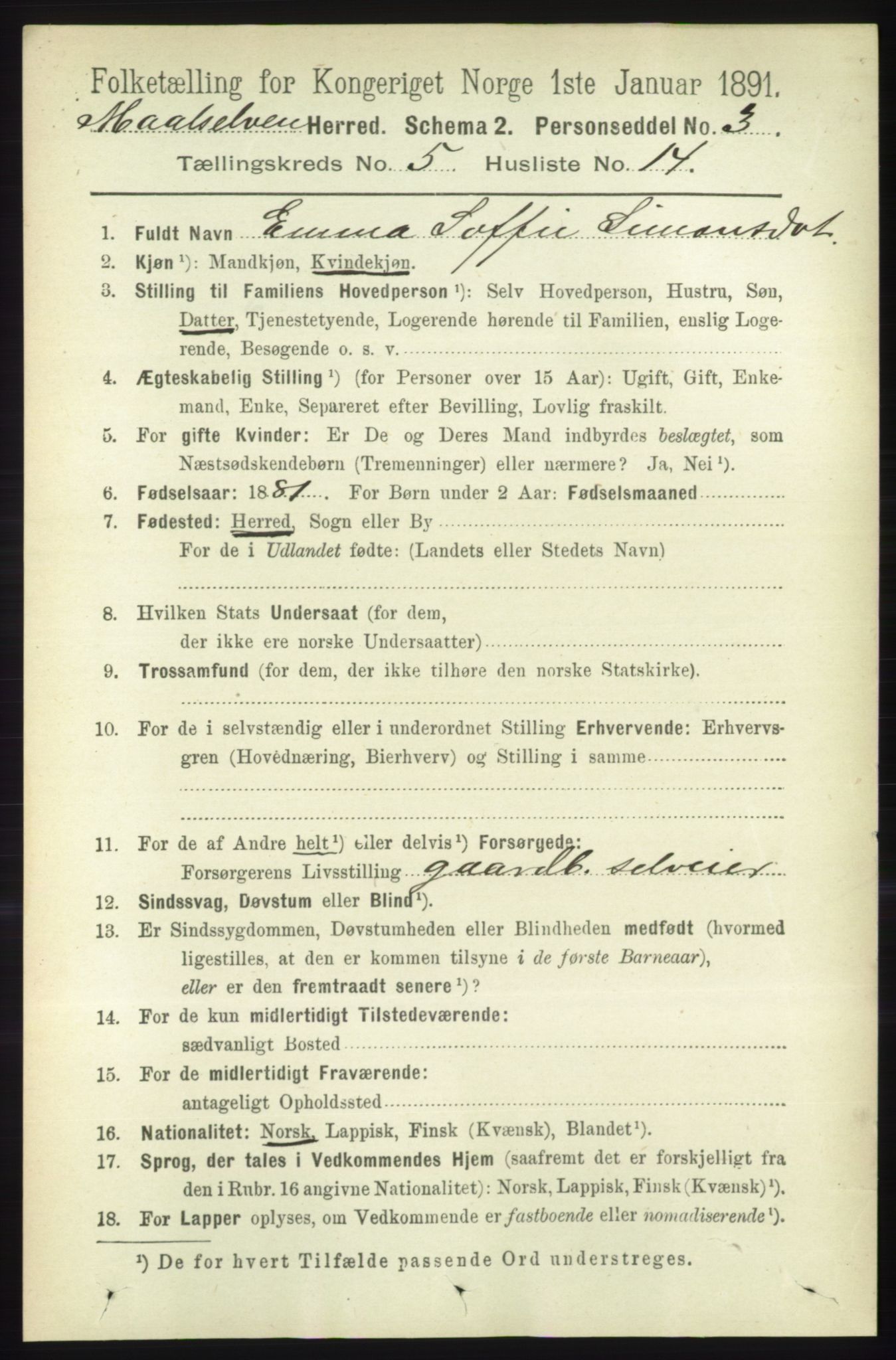 RA, 1891 census for 1924 Målselv, 1891, p. 1723