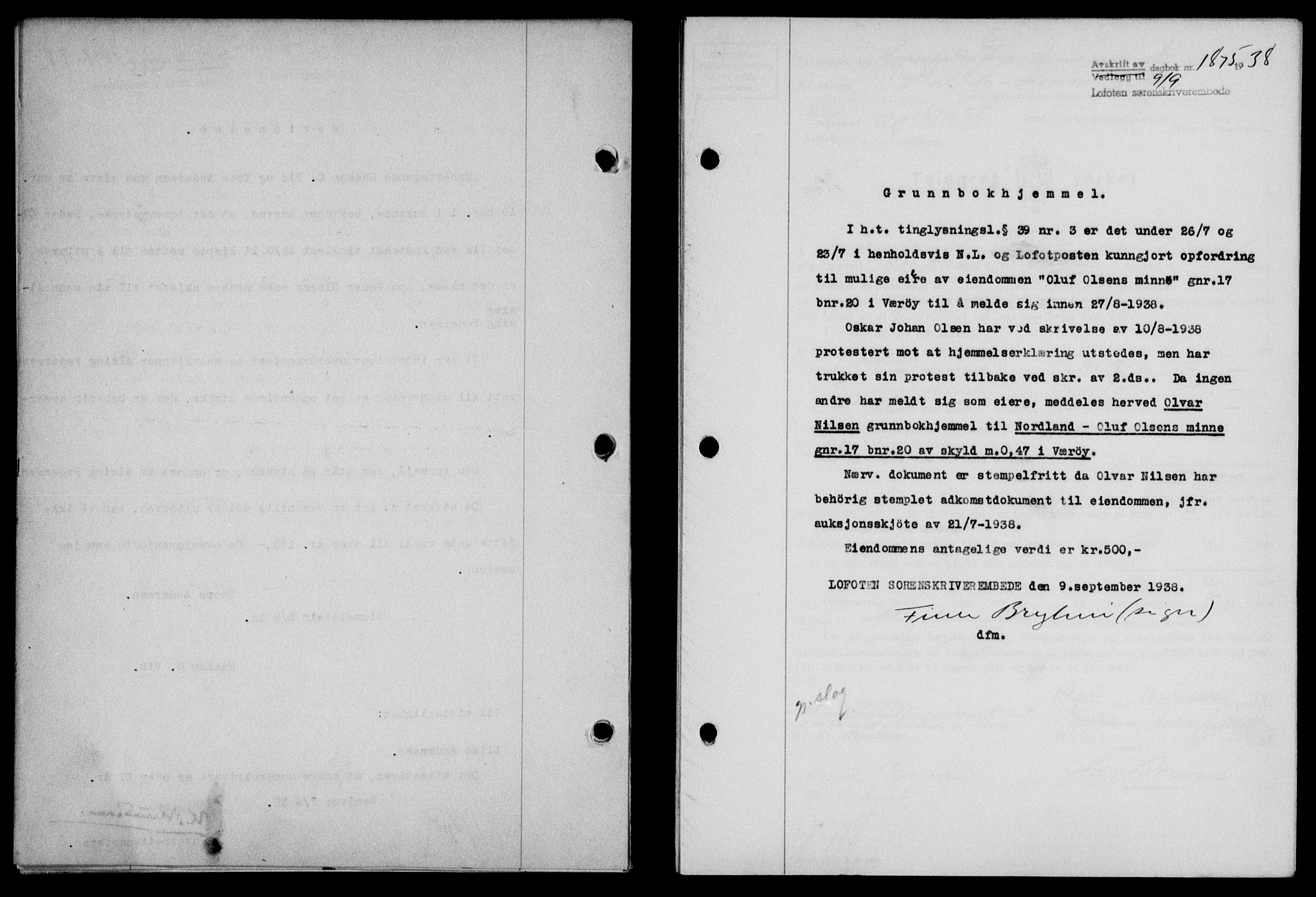 Lofoten sorenskriveri, SAT/A-0017/1/2/2C/L0004a: Mortgage book no. 4a, 1938-1938, Diary no: : 1875/1938