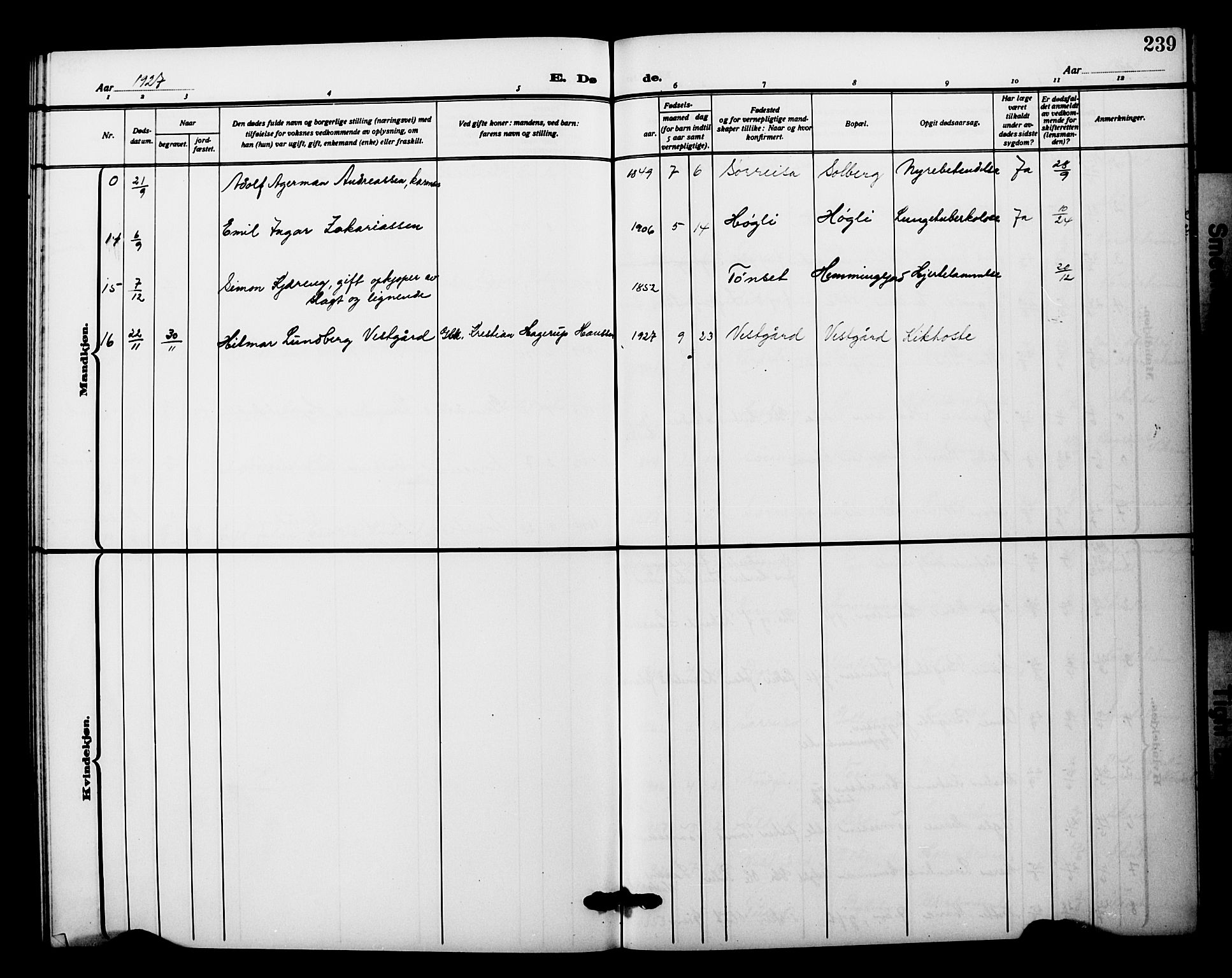 Tranøy sokneprestkontor, SATØ/S-1313/I/Ia/Iab/L0023klokker: Parish register (copy) no. 23, 1913-1928, p. 239