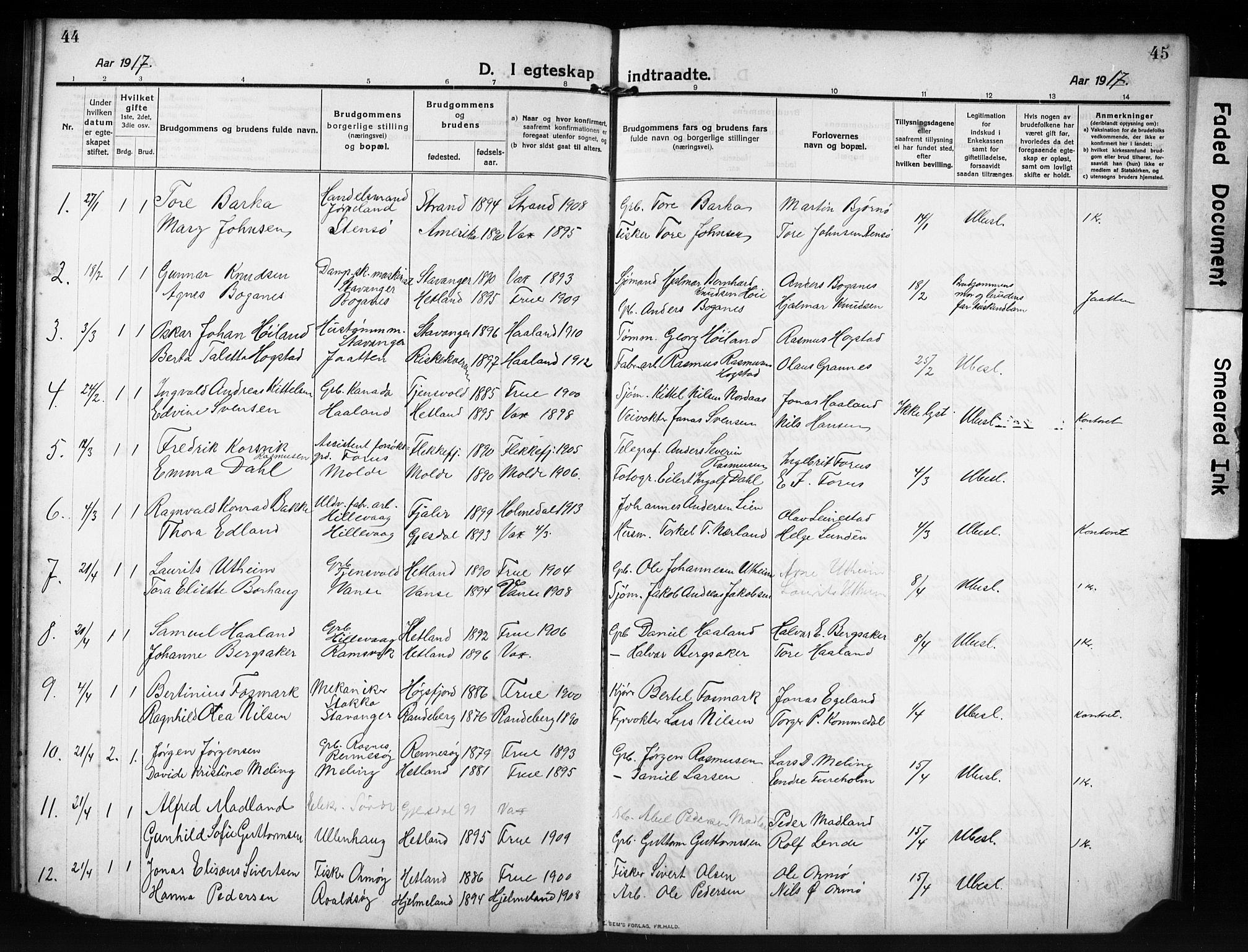 Hetland sokneprestkontor, SAST/A-101826/30/30BB/L0009: Parish register (copy) no. B 9, 1910-1931, p. 44-45
