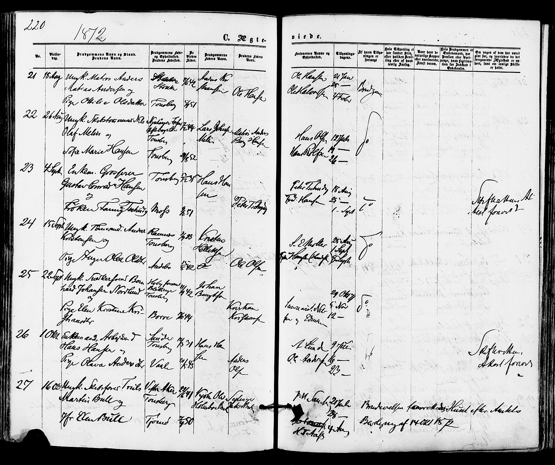 Tønsberg kirkebøker, SAKO/A-330/F/Fa/L0009: Parish register (official) no. I 9, 1865-1873, p. 220