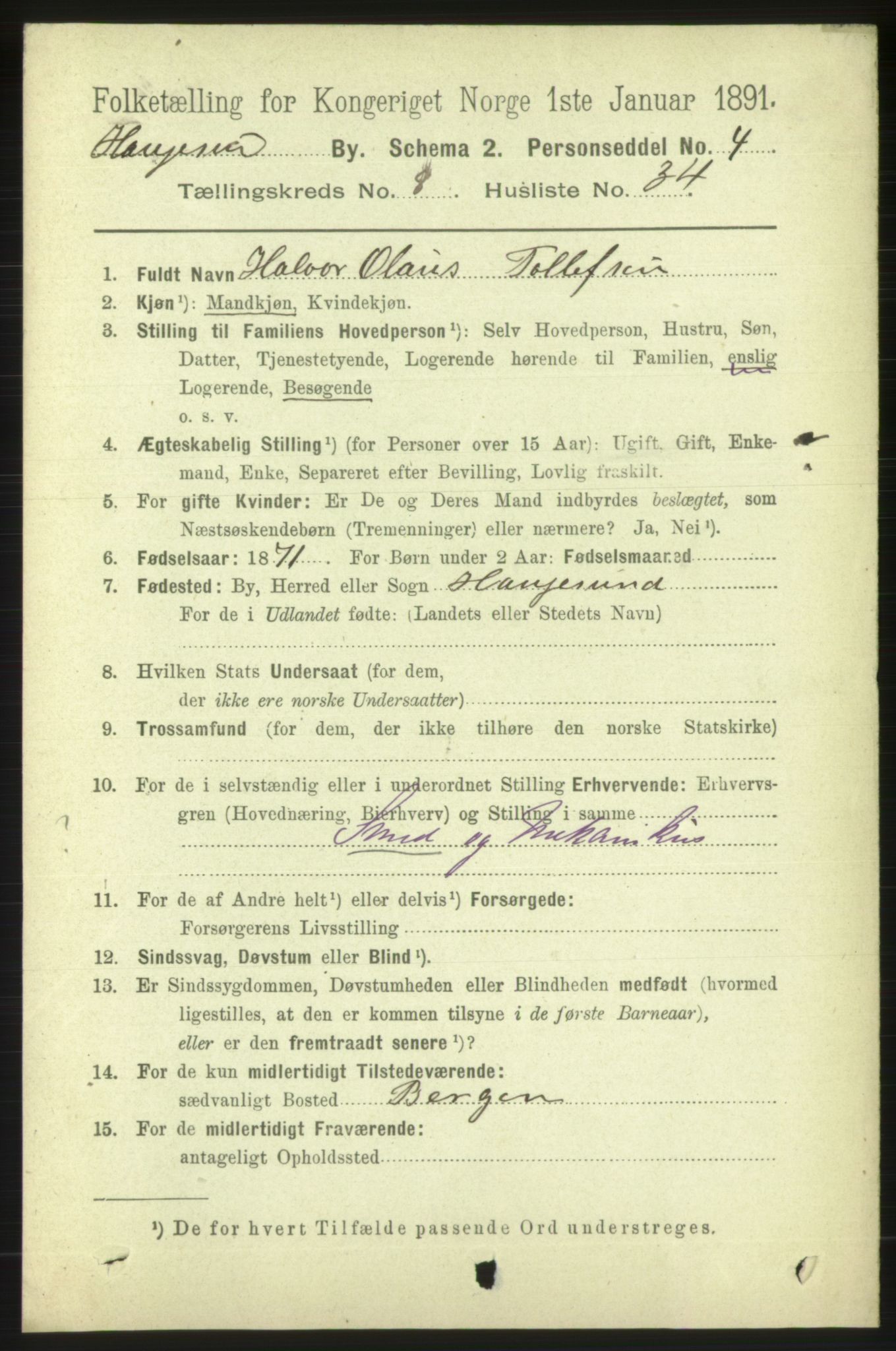 RA, 1891 census for 1106 Haugesund, 1891, p. 3723