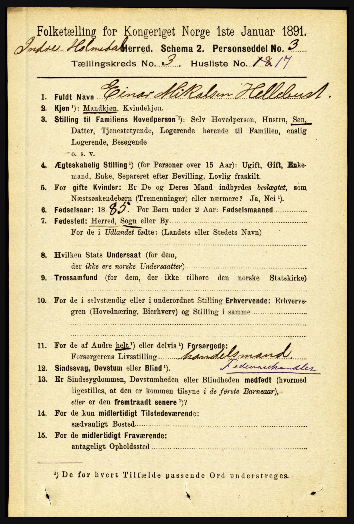 RA, 1891 census for 1430 Indre Holmedal, 1891, p. 1015