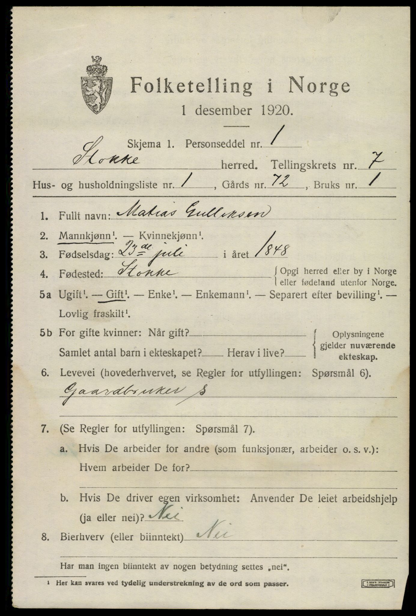 SAKO, 1920 census for Stokke, 1920, p. 7850