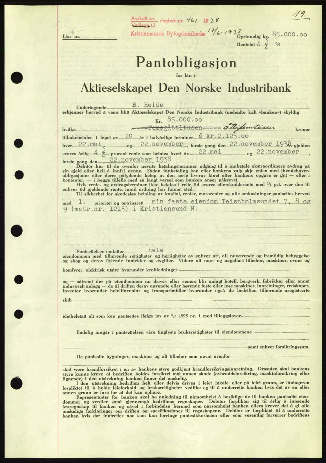 Kristiansund byfogd, SAT/A-4587/A/27: Mortgage book no. 31, 1938-1939, Diary no: : 461/1938
