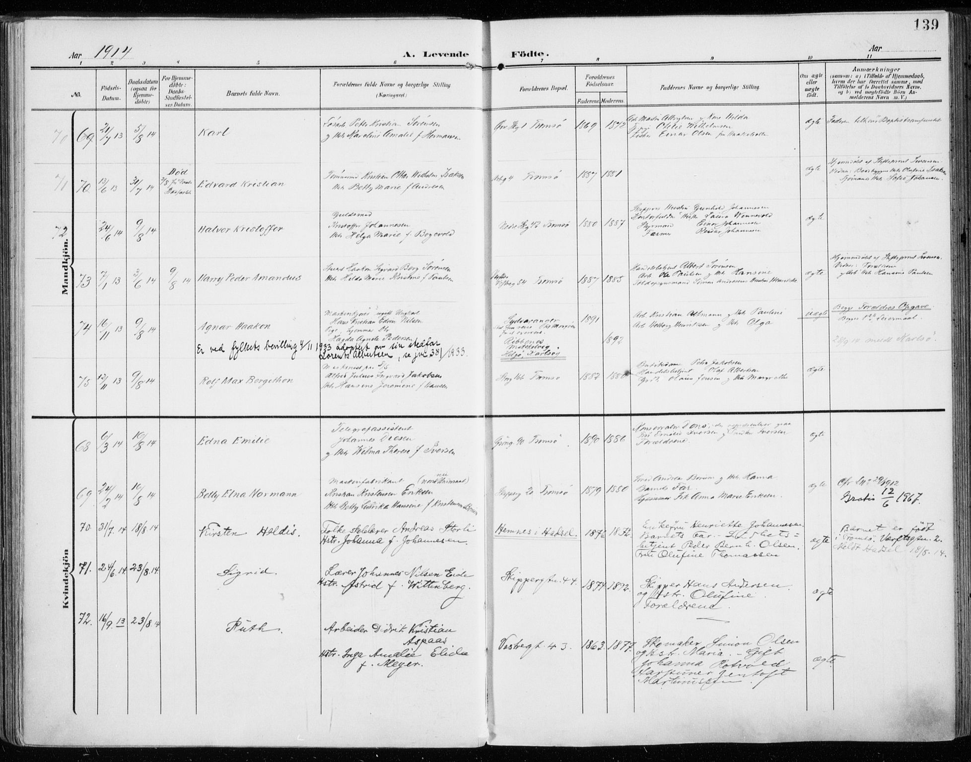 Tromsø sokneprestkontor/stiftsprosti/domprosti, AV/SATØ-S-1343/G/Ga/L0017kirke: Parish register (official) no. 17, 1907-1917, p. 139