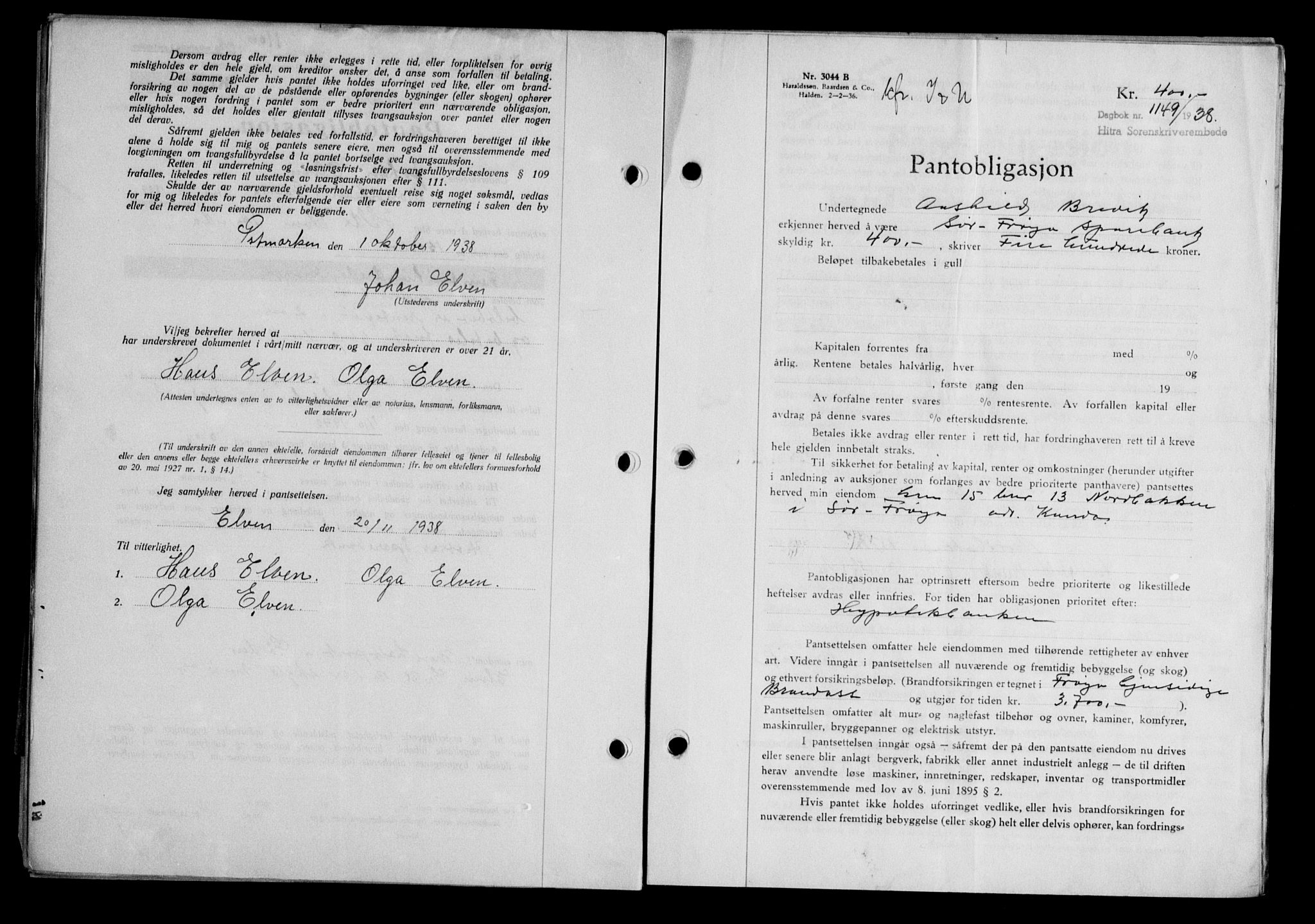 Hitra sorenskriveri, AV/SAT-A-0018/2/2C/2Ca/L0028: Mortgage book no. B-1, 1936-1939, Diary no: : 1149/1938