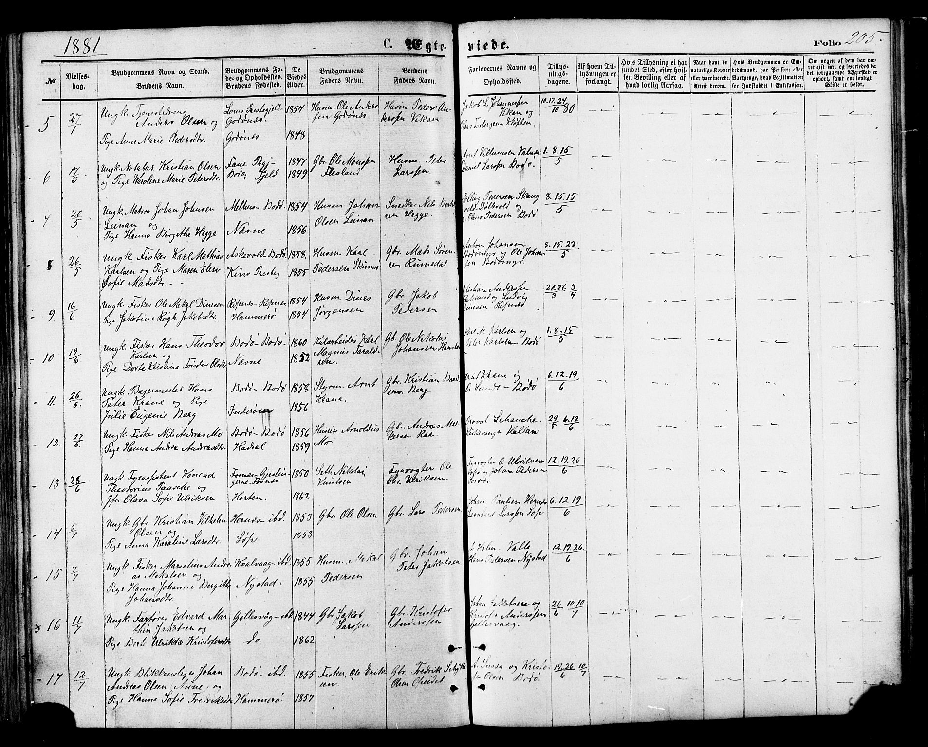 Ministerialprotokoller, klokkerbøker og fødselsregistre - Nordland, AV/SAT-A-1459/801/L0009: Parish register (official) no. 801A09, 1876-1883, p. 205