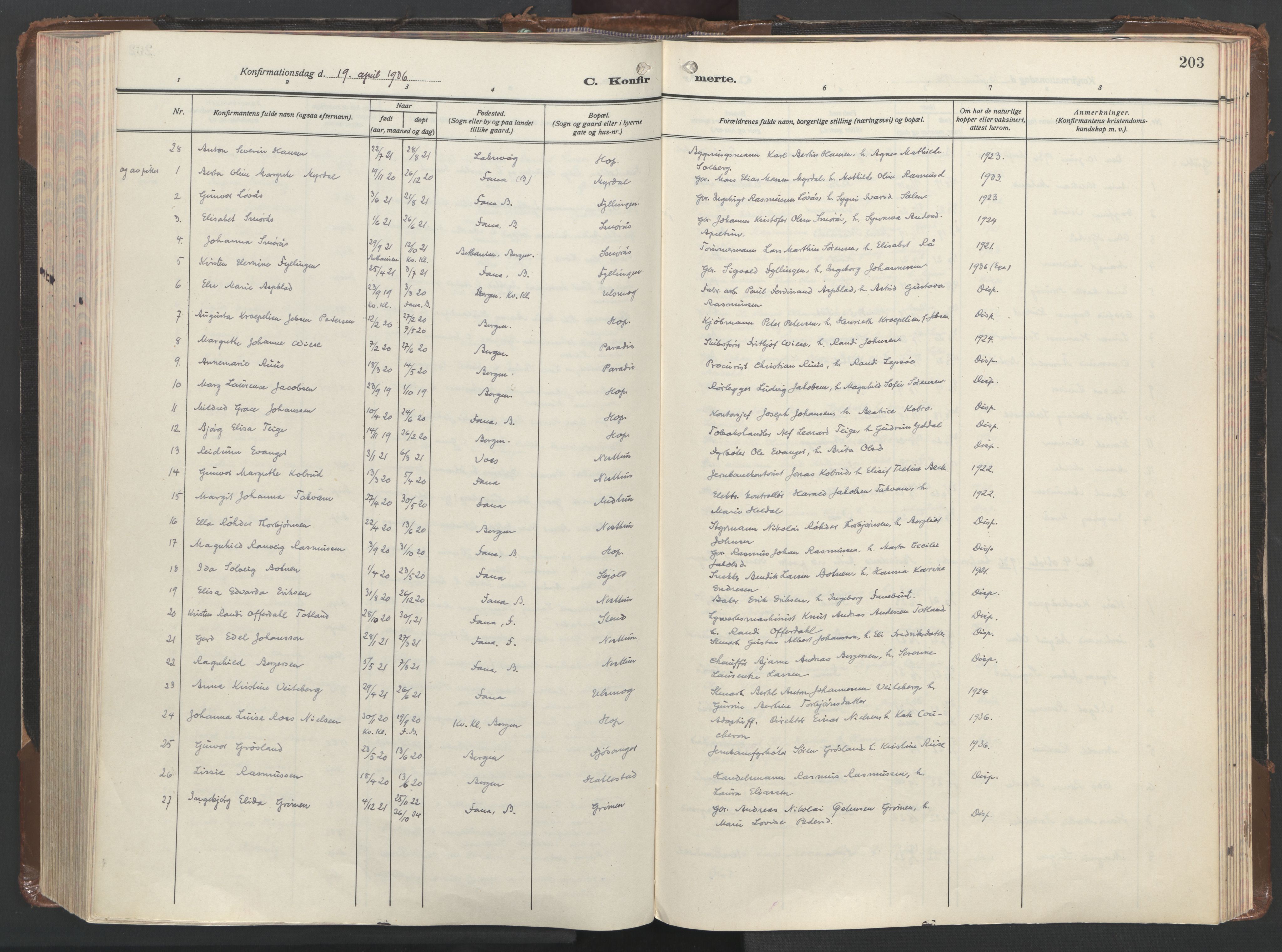 Fana Sokneprestembete, AV/SAB-A-75101/H/Haa/Haaj/L0002: Parish register (official) no. J 2, 1936-1946, p. 203