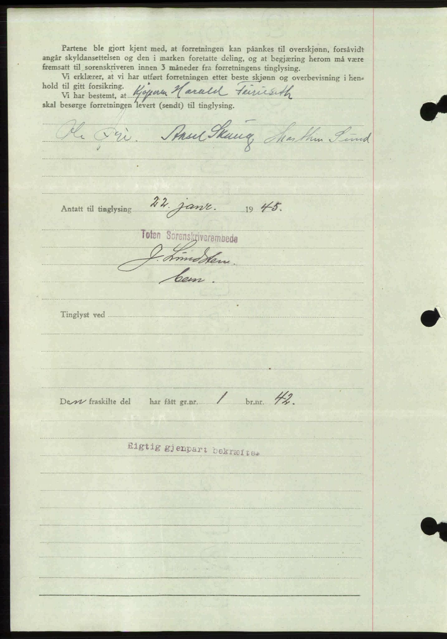 Toten tingrett, SAH/TING-006/H/Hb/Hbc/L0013: Mortgage book no. Hbc-13, 1945-1945, Diary no: : 104/1945
