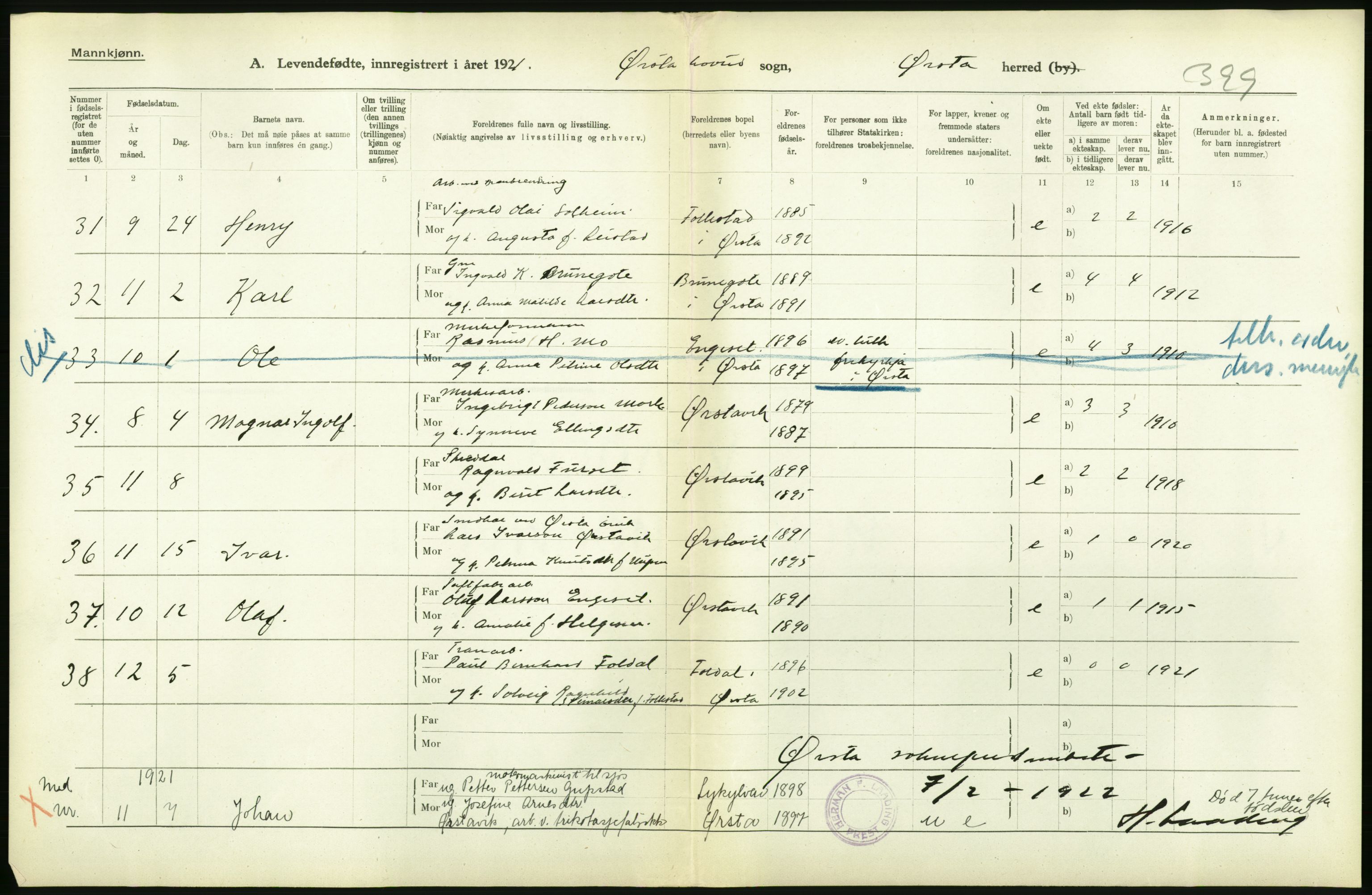 Statistisk sentralbyrå, Sosiodemografiske emner, Befolkning, RA/S-2228/D/Df/Dfc/Dfca/L0040: Møre fylke: Levendefødte menn og kvinner. Bygder., 1921, p. 68