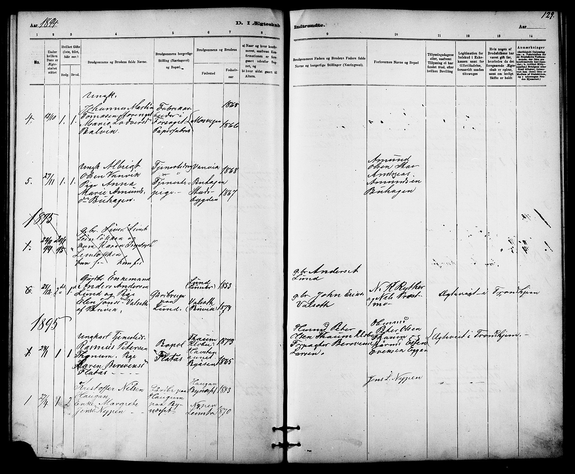 Ministerialprotokoller, klokkerbøker og fødselsregistre - Sør-Trøndelag, SAT/A-1456/613/L0395: Parish register (copy) no. 613C03, 1887-1909, p. 129