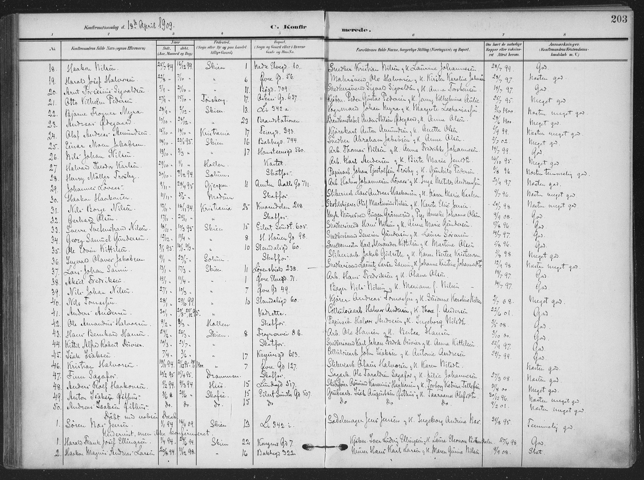 Skien kirkebøker, SAKO/A-302/F/Fa/L0012: Parish register (official) no. 12, 1908-1914, p. 203