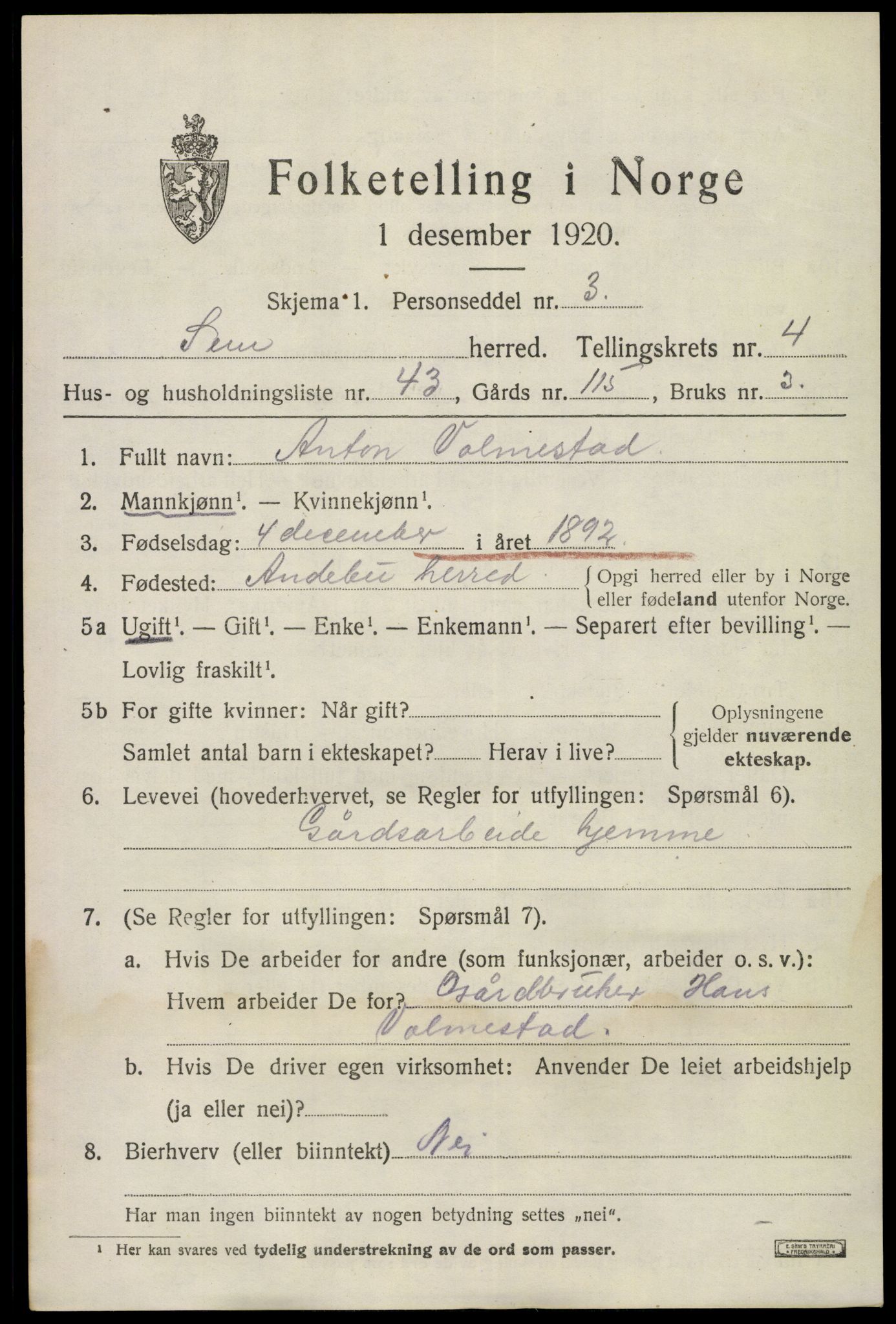 SAKO, 1920 census for Sem, 1920, p. 7543