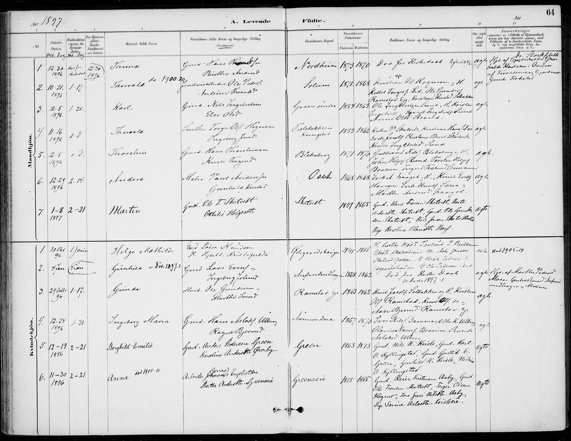 Sigdal kirkebøker, SAKO/A-245/F/Fb/L0001: Parish register (official) no. II 1, 1888-1900, p. 64