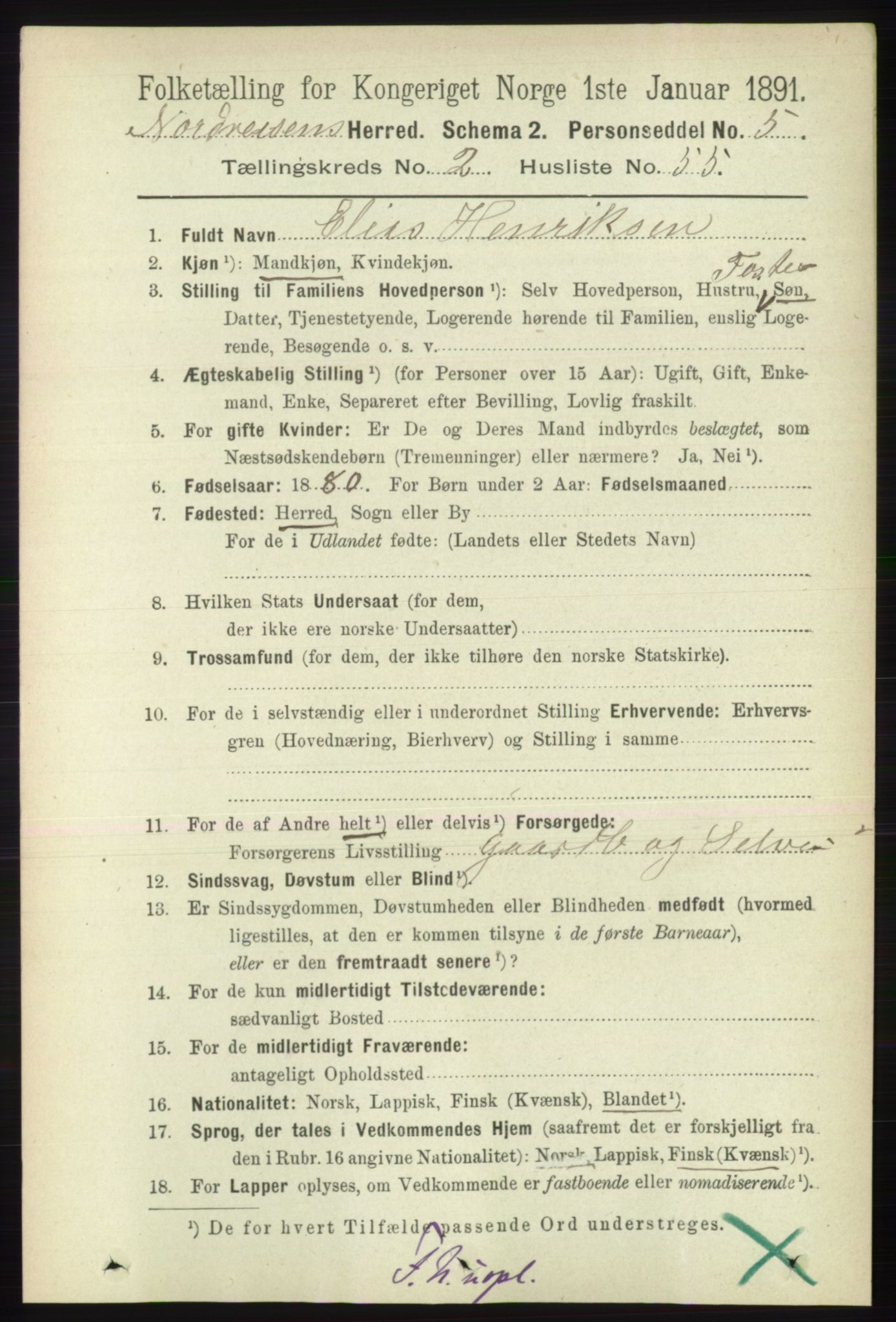 RA, 1891 census for 1942 Nordreisa, 1891, p. 1186