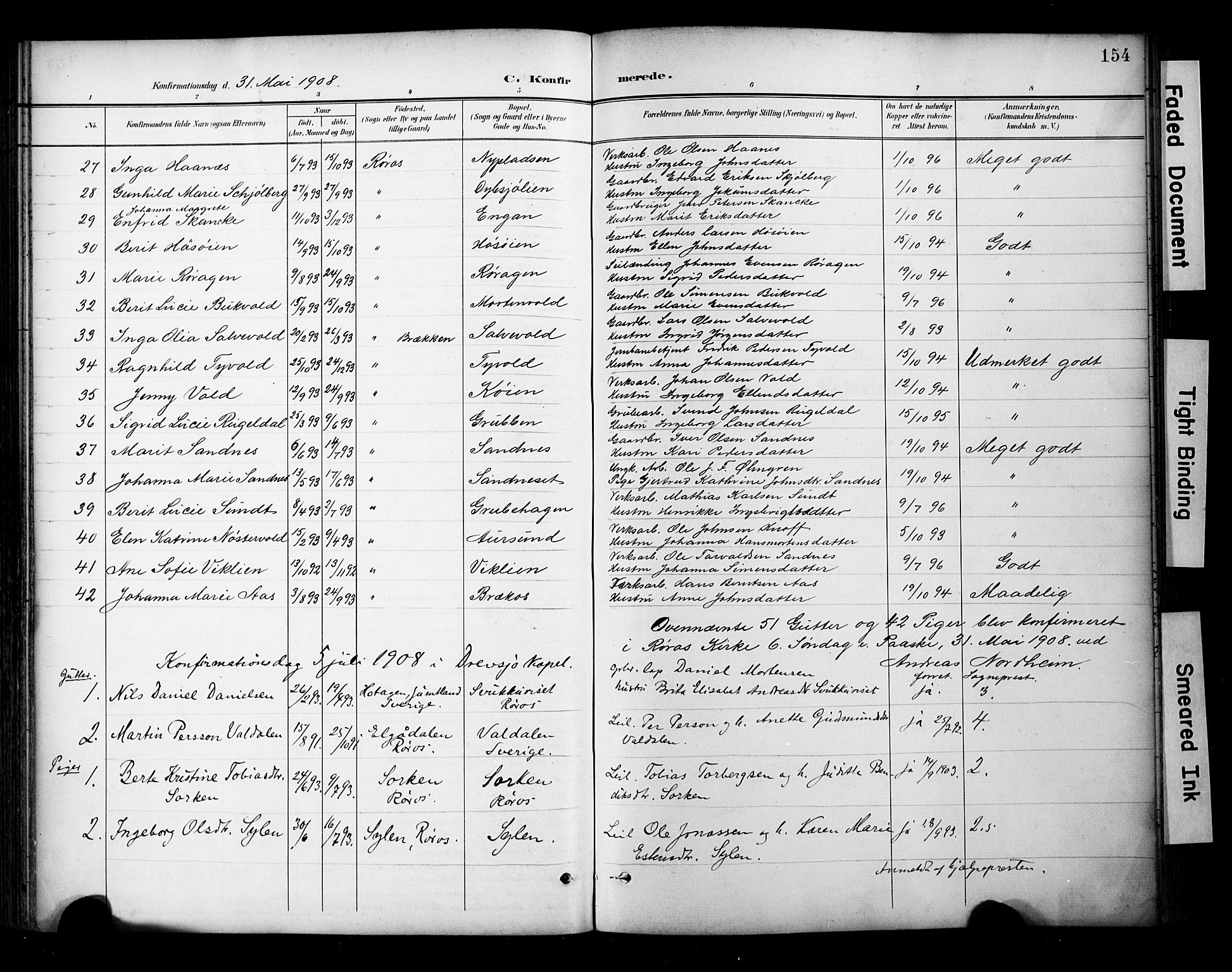 Ministerialprotokoller, klokkerbøker og fødselsregistre - Sør-Trøndelag, AV/SAT-A-1456/681/L0936: Parish register (official) no. 681A14, 1899-1908, p. 154