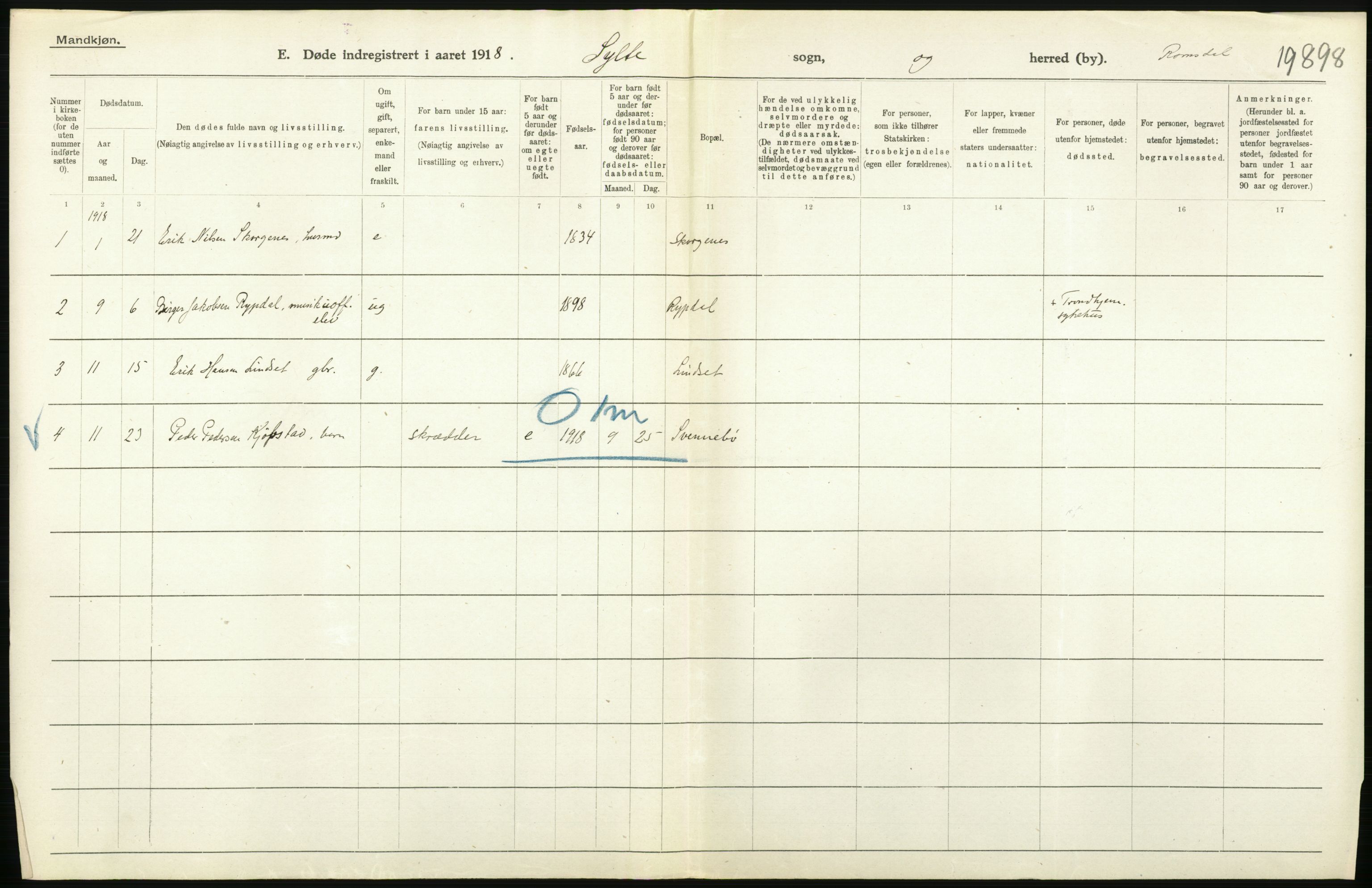 Statistisk sentralbyrå, Sosiodemografiske emner, Befolkning, AV/RA-S-2228/D/Df/Dfb/Dfbh/L0045: Møre fylke: Døde. Bygder og byer., 1918, p. 378