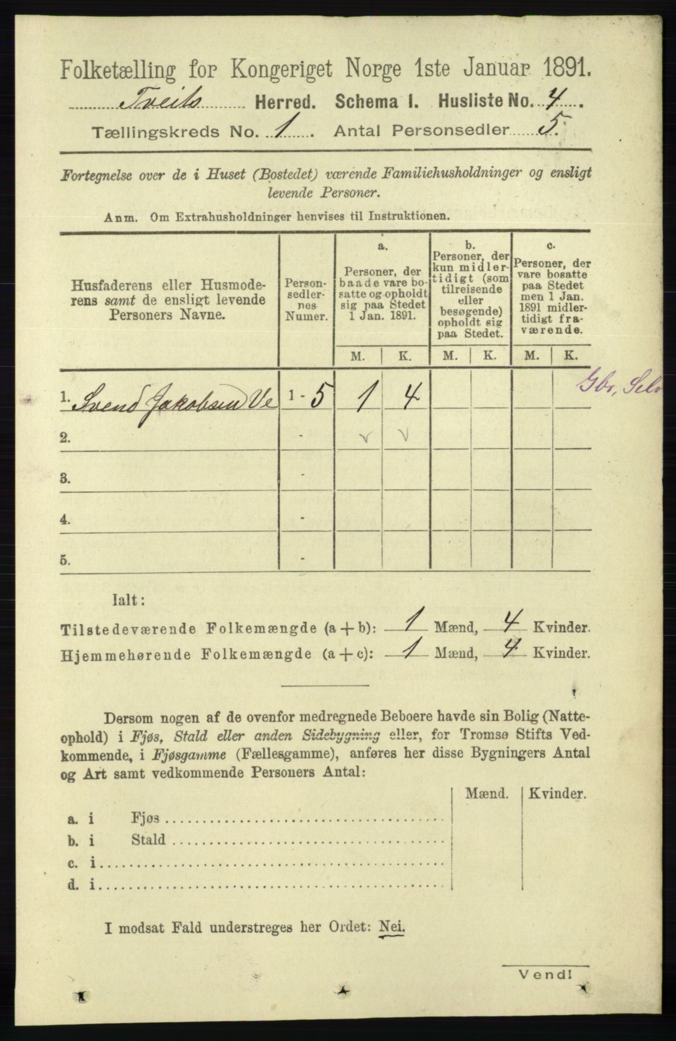 RA, 1891 census for 1013 Tveit, 1891, p. 18