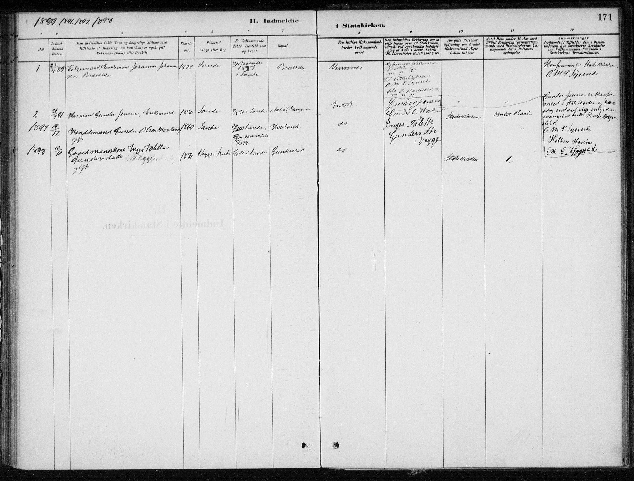 Sand sokneprestkontor, AV/SAST-A-101848/01/III/L0006: Parish register (official) no. A 6, 1880-1898, p. 171