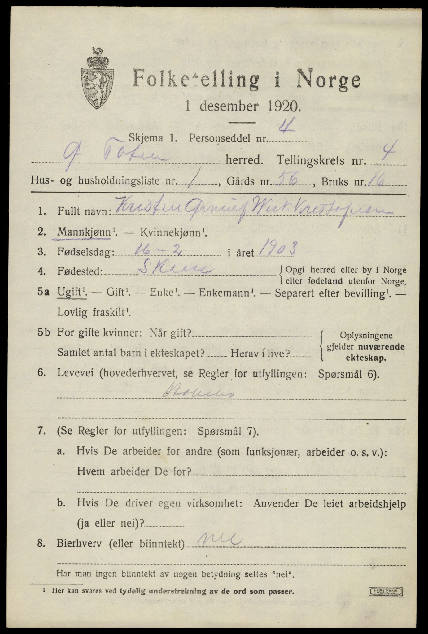 SAH, 1920 census for Østre Toten, 1920, p. 8574