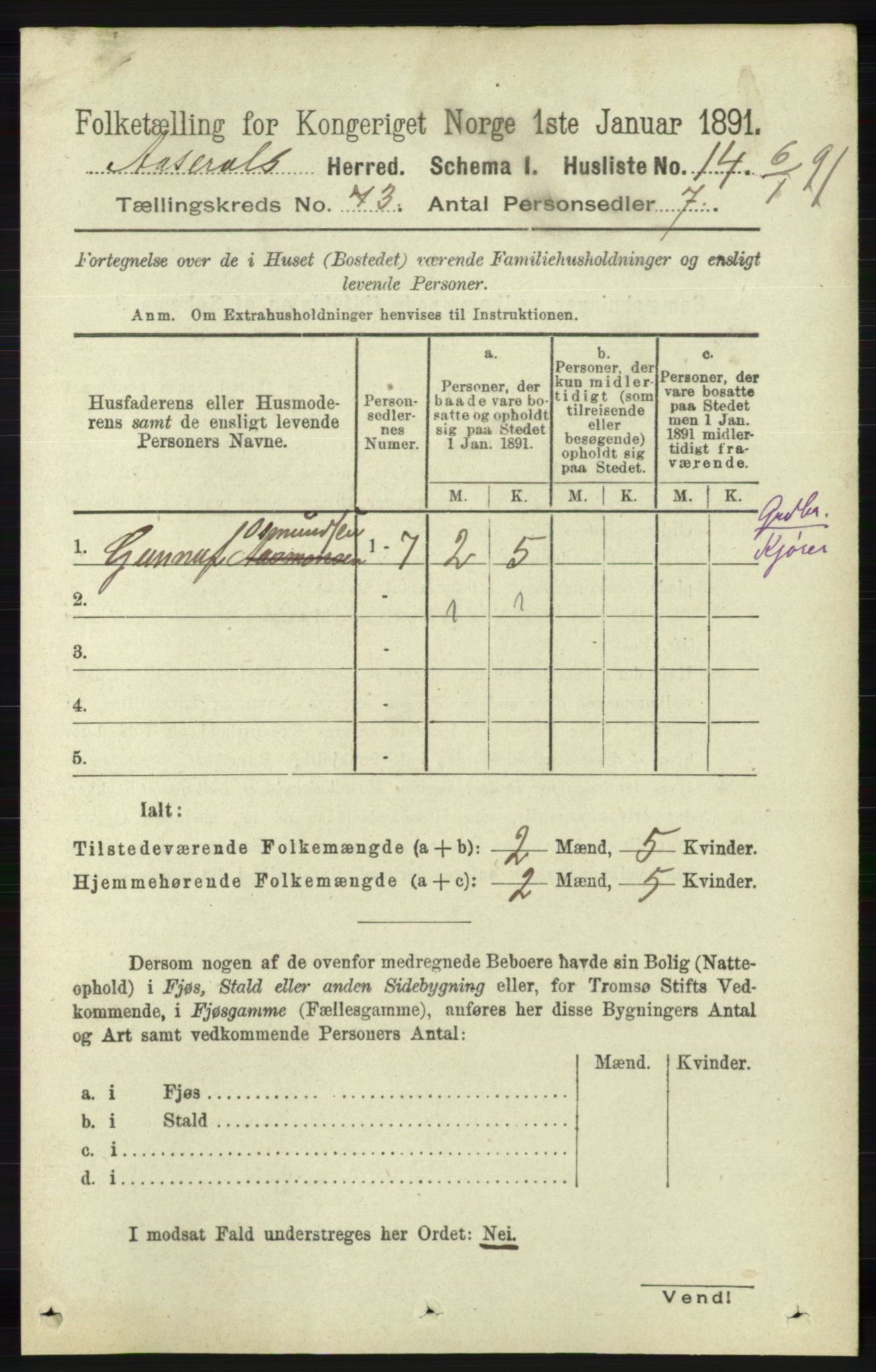 RA, 1891 census for 1026 Åseral, 1891, p. 737