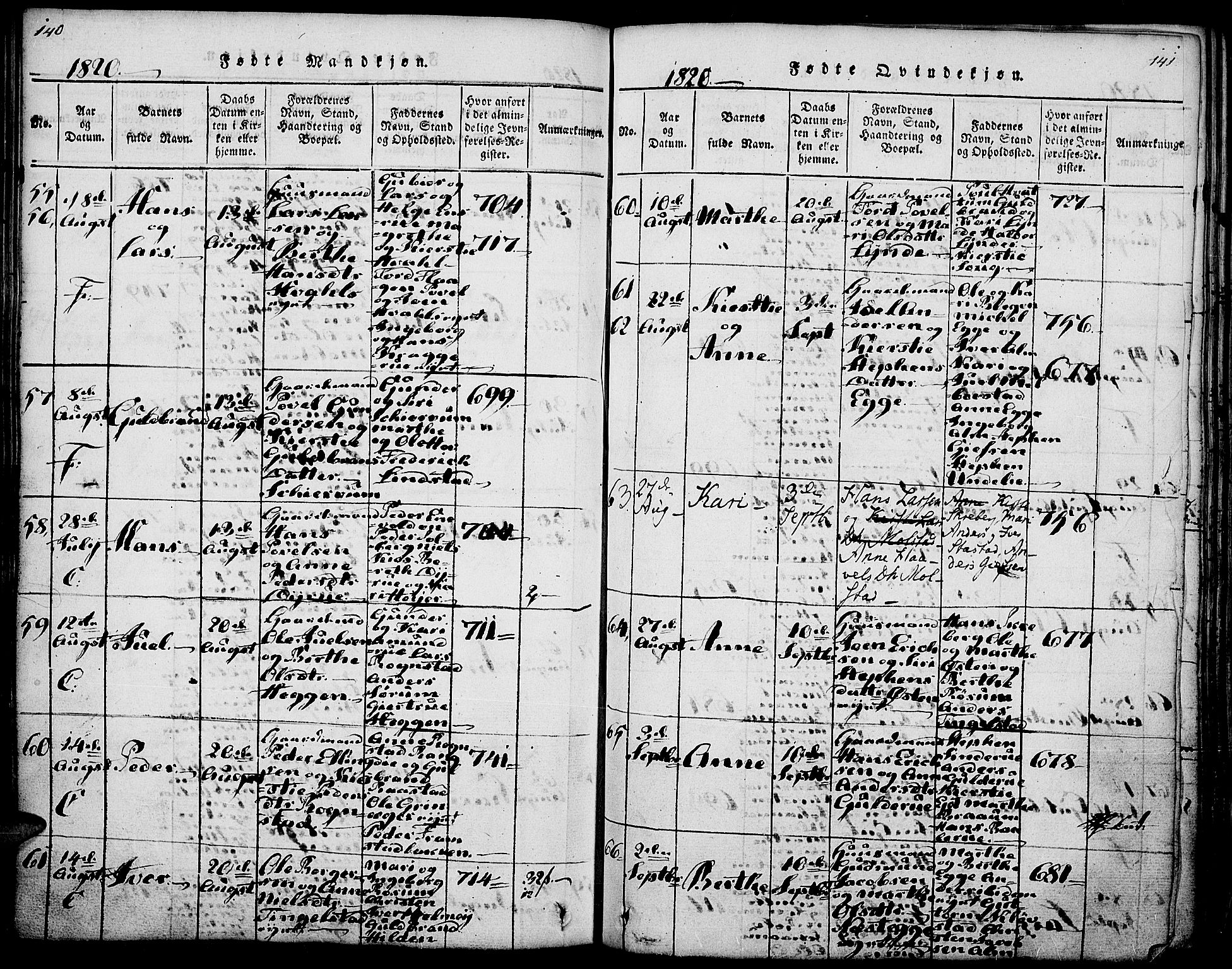 Gran prestekontor, AV/SAH-PREST-112/H/Ha/Haa/L0009: Parish register (official) no. 9, 1815-1824, p. 140-141