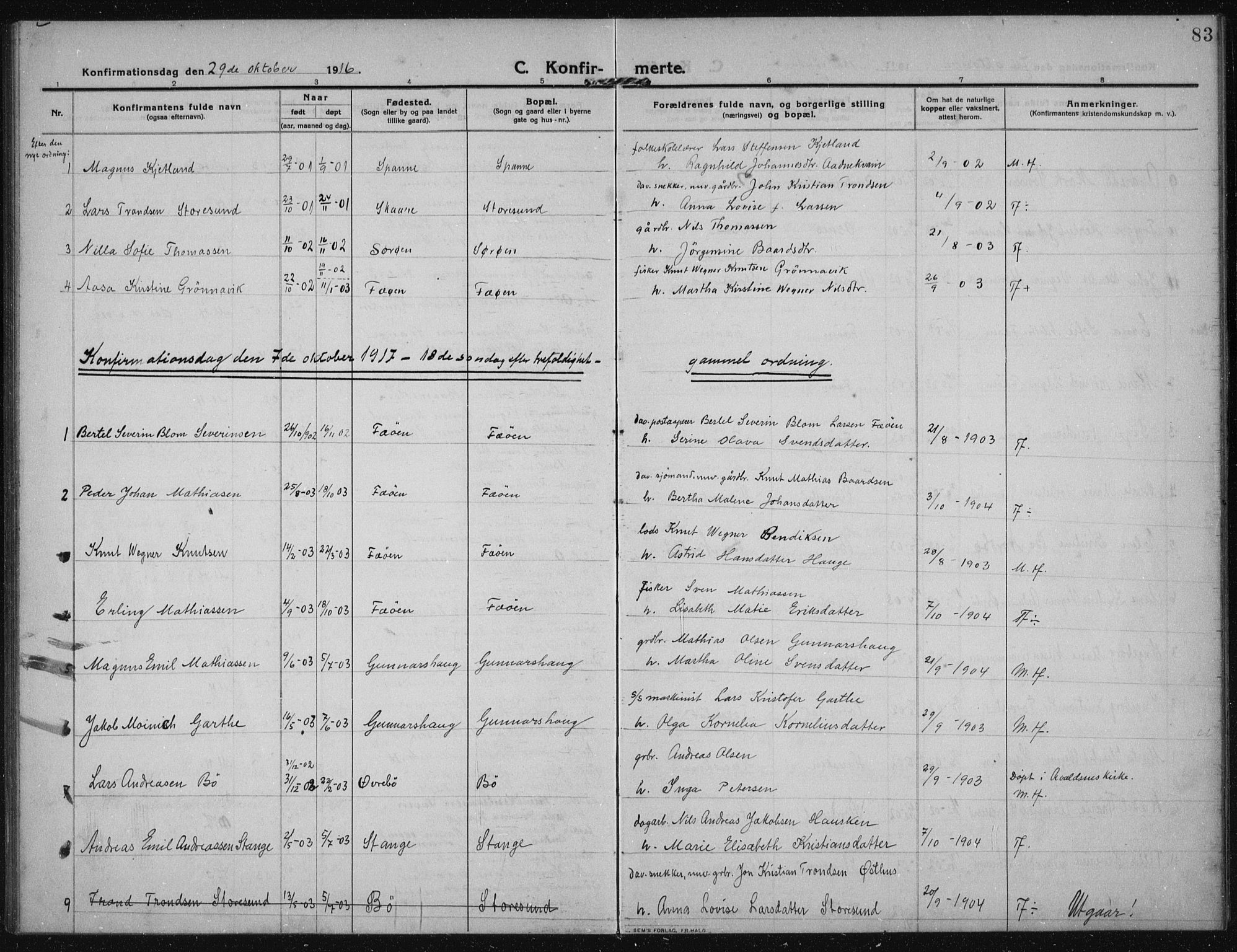 Torvastad sokneprestkontor, SAST/A -101857/H/Ha/Haa/L0019: Parish register (official) no. A 18, 1912-1920, p. 83