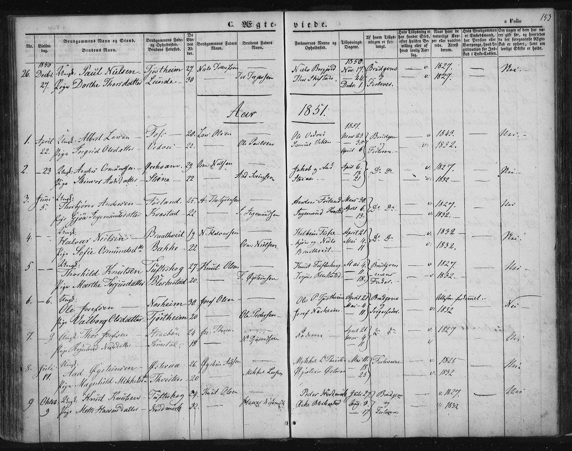Suldal sokneprestkontor, SAST/A-101845/01/IV/L0008: Parish register (official) no. A 8, 1836-1853, p. 153