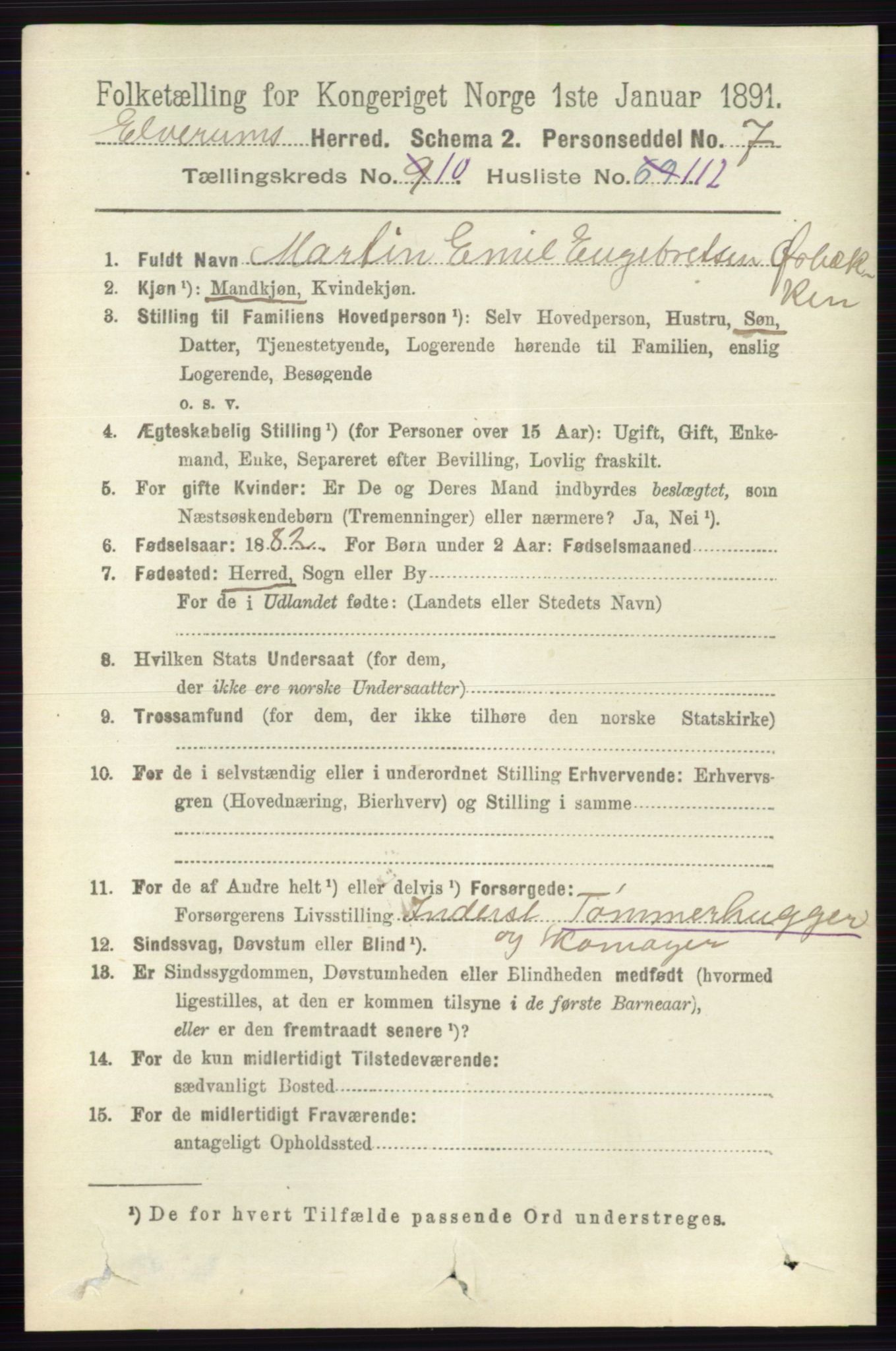 RA, 1891 census for 0427 Elverum, 1891, p. 8930