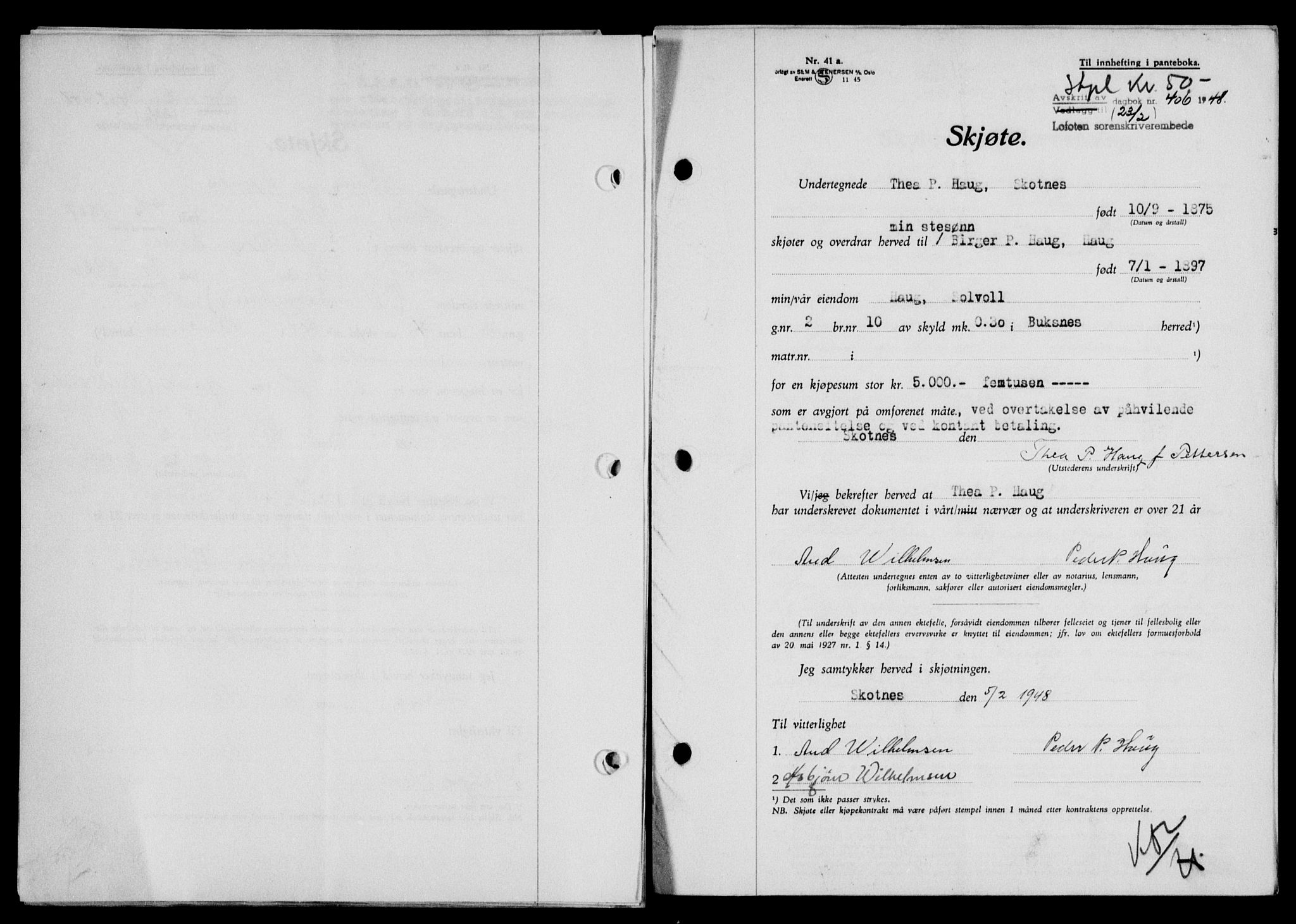 Lofoten sorenskriveri, SAT/A-0017/1/2/2C/L0017a: Mortgage book no. 17a, 1947-1948, Diary no: : 406/1948