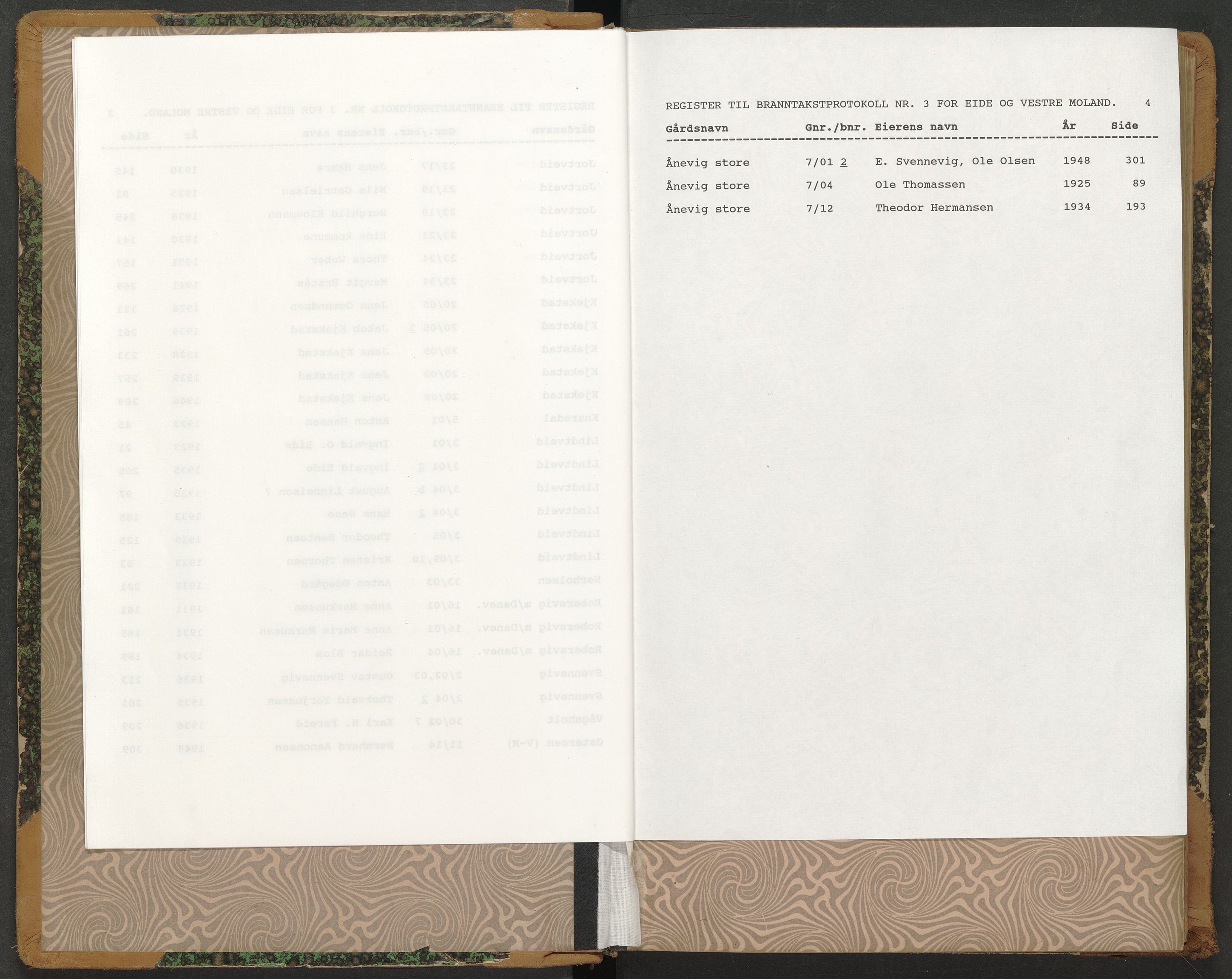 Norges Brannkasse Eide, AV/SAK-2241-0009/F/Fa/L0003: Branntakstprotokoll nr. 3 med gårdsnavnregister, 1922-1949