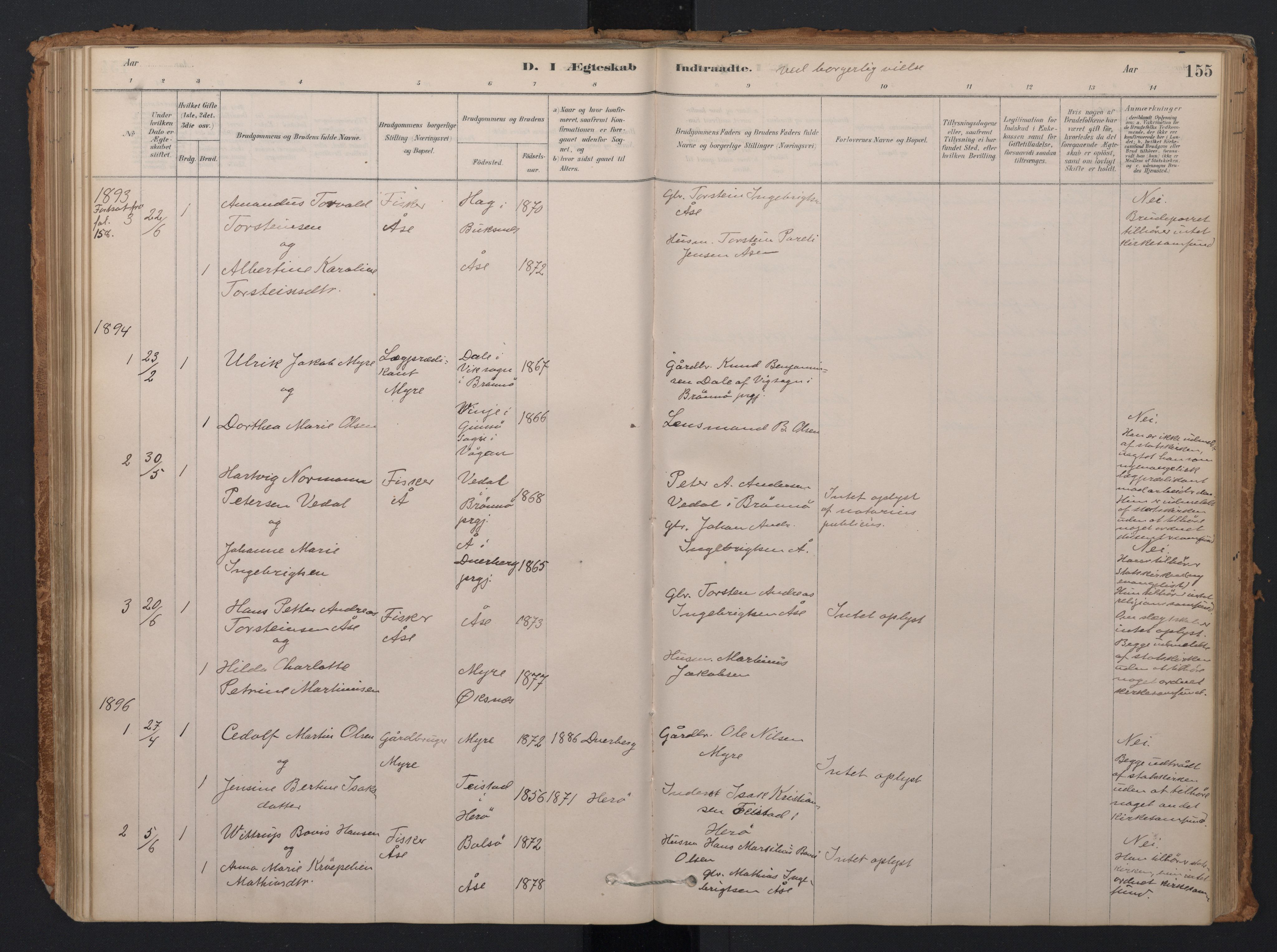 Ministerialprotokoller, klokkerbøker og fødselsregistre - Nordland, AV/SAT-A-1459/897/L1399: Parish register (official) no. 897A06, 1881-1896, p. 155